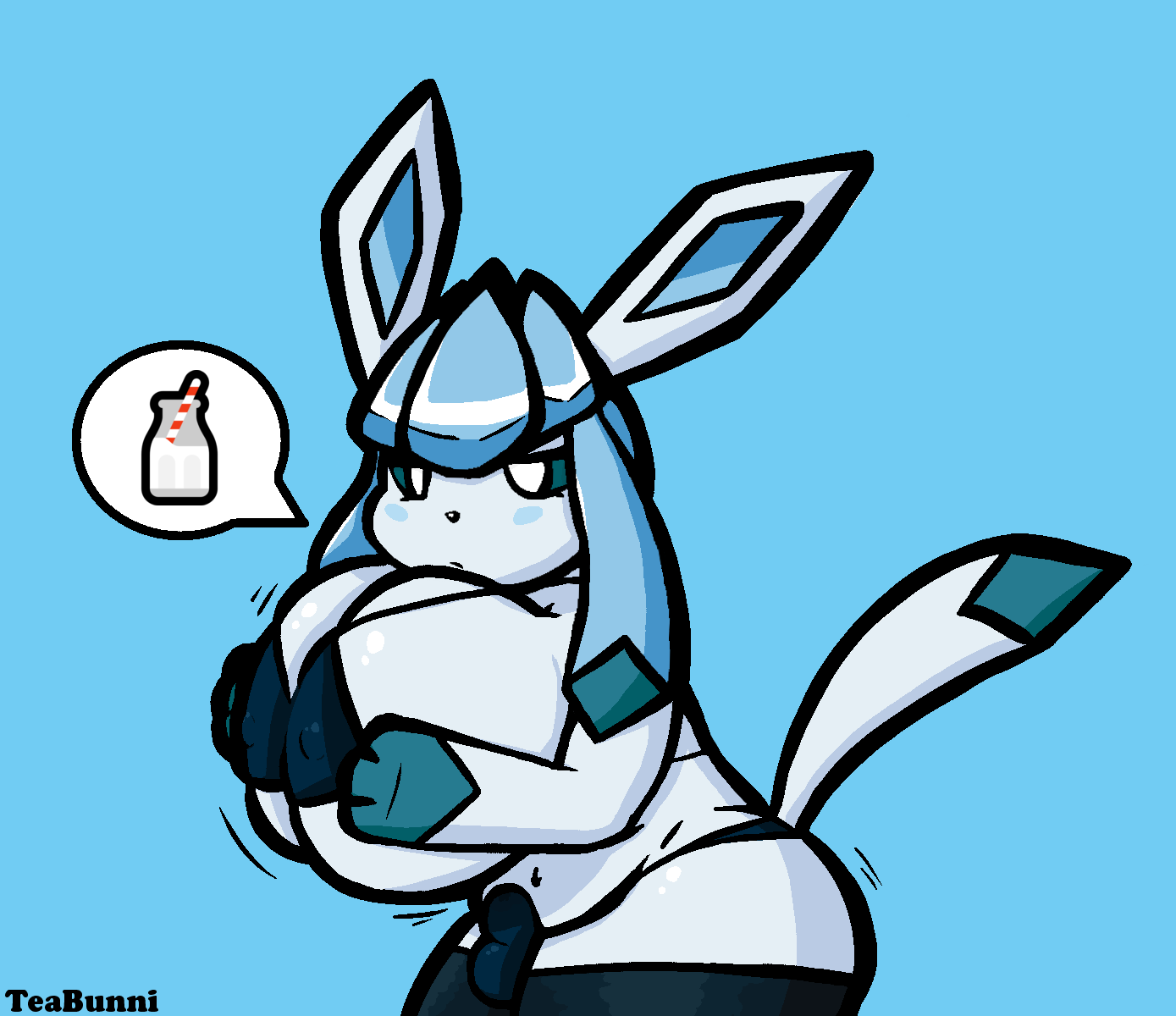 anthro big_breasts breast_grab breast_squish breasts bulge eeveelution glaceon gynomorph hand_on_breast hi_res huge_breasts intersex nintendo pokémon_(species) pokemon shortstack slightly_chubby solo squish teabunni thick_thighs video_games