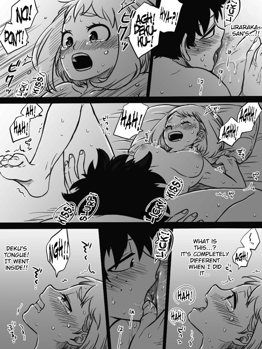 1boy, 1girls, black and white, buthikireta, comic, cunnilingus, cute, female, izuku midoriya, male, my hero academia, ochako uraraka, sex, tagme, wholesome