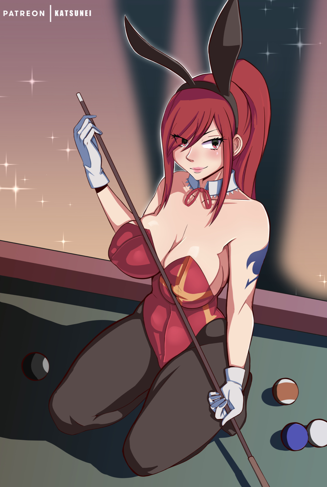 1girls, arm tattoo, big breasts, billiard table, blue tattoo, blush, breasts, brown eyes, bunny ears, bunny girl, bunnysuit, busty, cleavage, clothed, clothing, erza scarlet, fairy tail, fairy tail mark, female, female only, gloves, huge breasts, human, katsunei, large breasts, leggings, legs, leotard, leotard aside, light skin, light-skinned female, long hair, mostly clothed, pale skin, pale-skinned female, pantyhose, partially clothed, ponytail, red eyes, red fur, red hair, red-haired female, revealing clothes, sitting, solo, tattoo, tattoo on arm, tattooed arm, tied hair