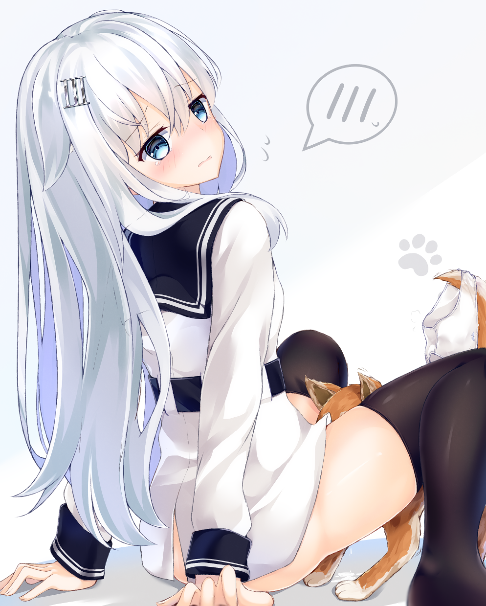 1girls ass assisted_masturbation blush canine clothing cunnilingus deep_skin embarrassed feral_on_female hibiki_(kantai_collection) imminent_sex interspecies kantai_collection long_hair looking_at_viewer looking_back niruanu_(nitayam) oral oral_sex panties panties_removed pantsu presenting_pussy saliva saliva_drip saliva_puddle school_uniform serafuku sexually_suggestive sitting size_difference skindentation small_breasts spread_legs stockings thighhighs thighs underwear white_hair zoophilia