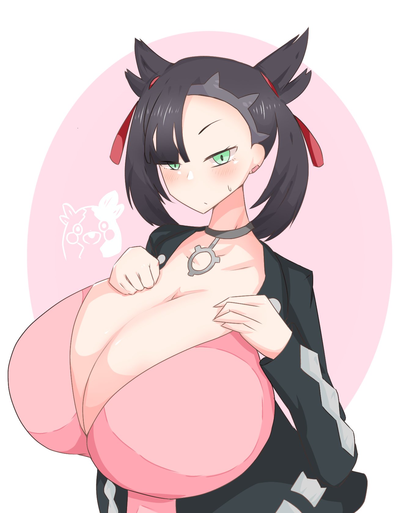 1girls alternate_breast_size big_breasts black_hair bra breasts breasts_bigger_than_head choker cleavage female female_only gigantic_breasts green_eyes huge_breasts human human_only large_breasts looking_at_viewer marnie_(pokemon) nintendo pale-skinned_female pale_skin pink_bra pokemon pokemon_ss simple_background skeletons62 solo solo_female solo_focus sweat top_heavy twintails