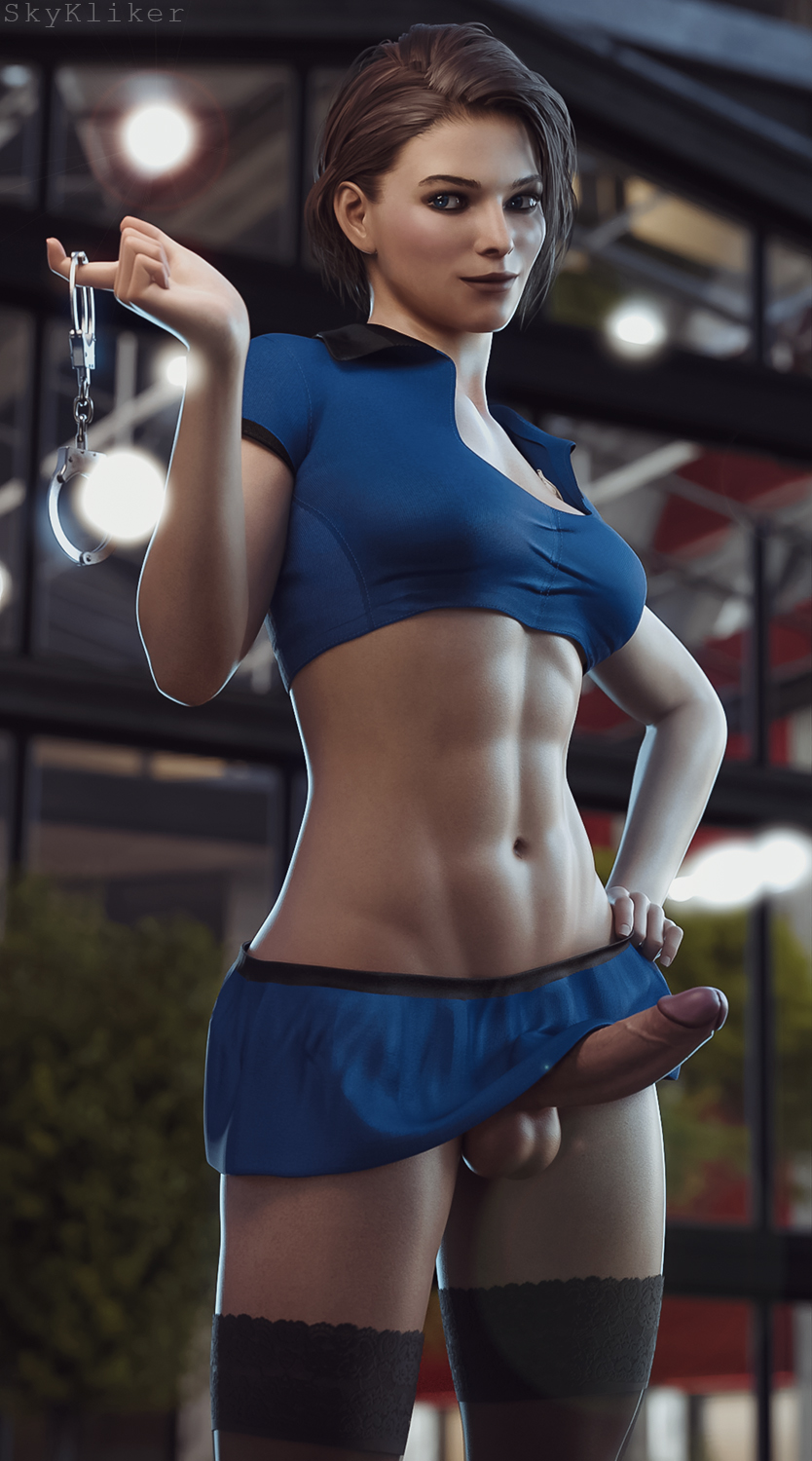 1futa, abs, balls, balls under clothes, bottomless skirt, breasts, capcom, erection, erection under clothes, erection under skirt, futa only, futanari, handcuffs, intersex, jill valentine, medium breasts, penis, penis out, penis under clothes, penis under skirt, poking out, police uniform, realistic, resident evil, resident evil 3, resident evil 3 remake, skirt, skirt lift, skykliker, solo futa, stockings, testicles, veiny penis