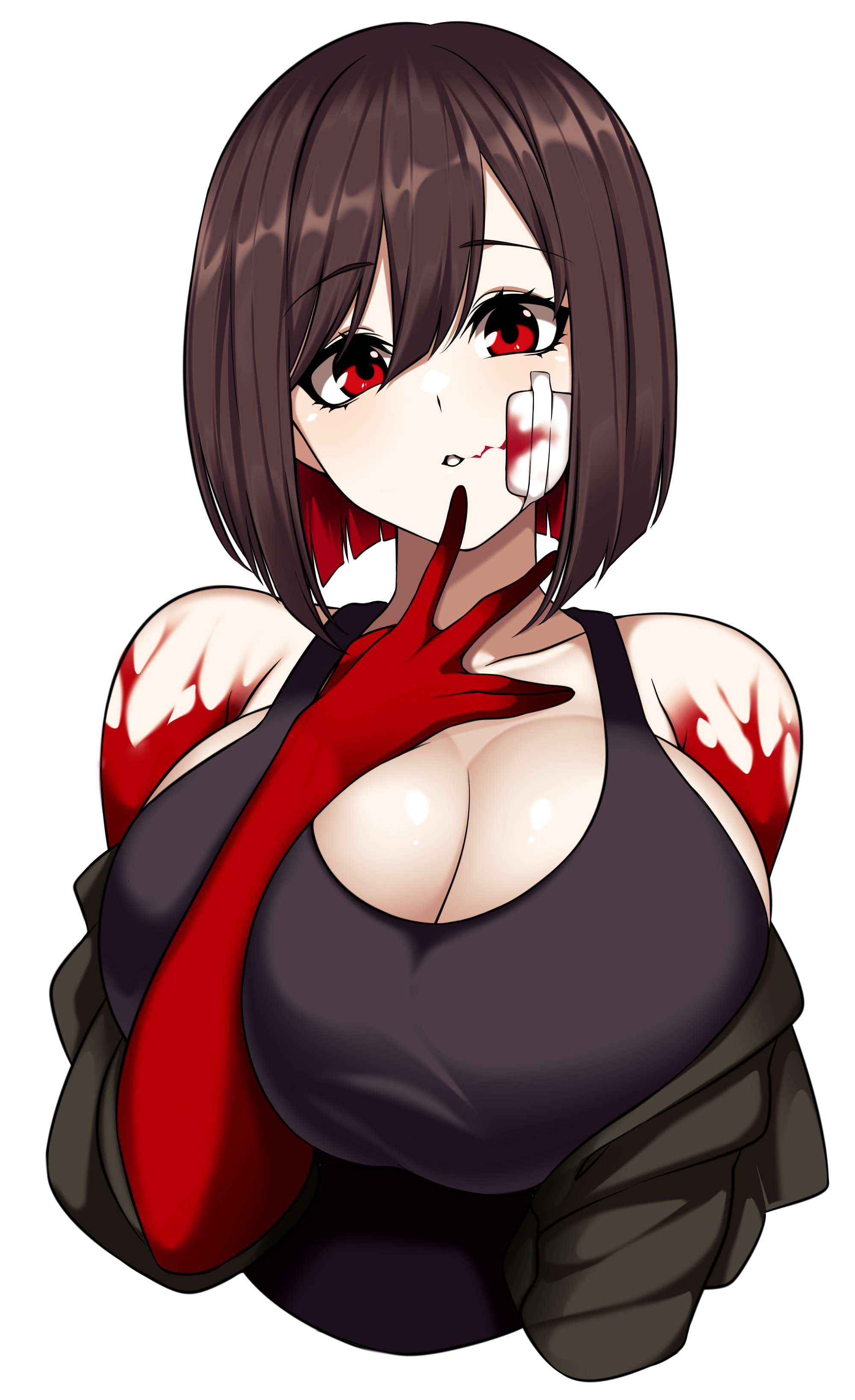 1girls, big breasts, breasts, brown hair, busty, camui kamui (hz 666v), cleavage, clothed, cute, female, female only, huge breasts, large breasts, light skin, light-skinned female, looking at viewer, original, oroka (camui kamui), red eyes, short hair, solo, thinking, top heavy, voluptuous