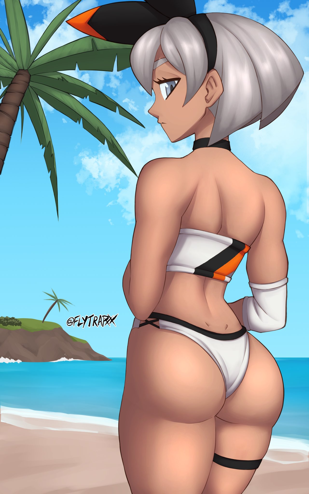 1girls, ass, bea (pokemon), beach, big ass, bikini, choker, curvy figure, dark skin, dark-skinned female, day, daytime, dimples of venus, female, female only, flytrapxx, grey eyes, grey hair, hairband, human, looking at viewer, looking back, nintendo, outdoors, pokemon, pokemon ss, short hair, silver eyes, silver hair, solo, solo female, swimsuit, swimwear, thick thighs, thigh strap, thighs, thong, thong bikini, white hair