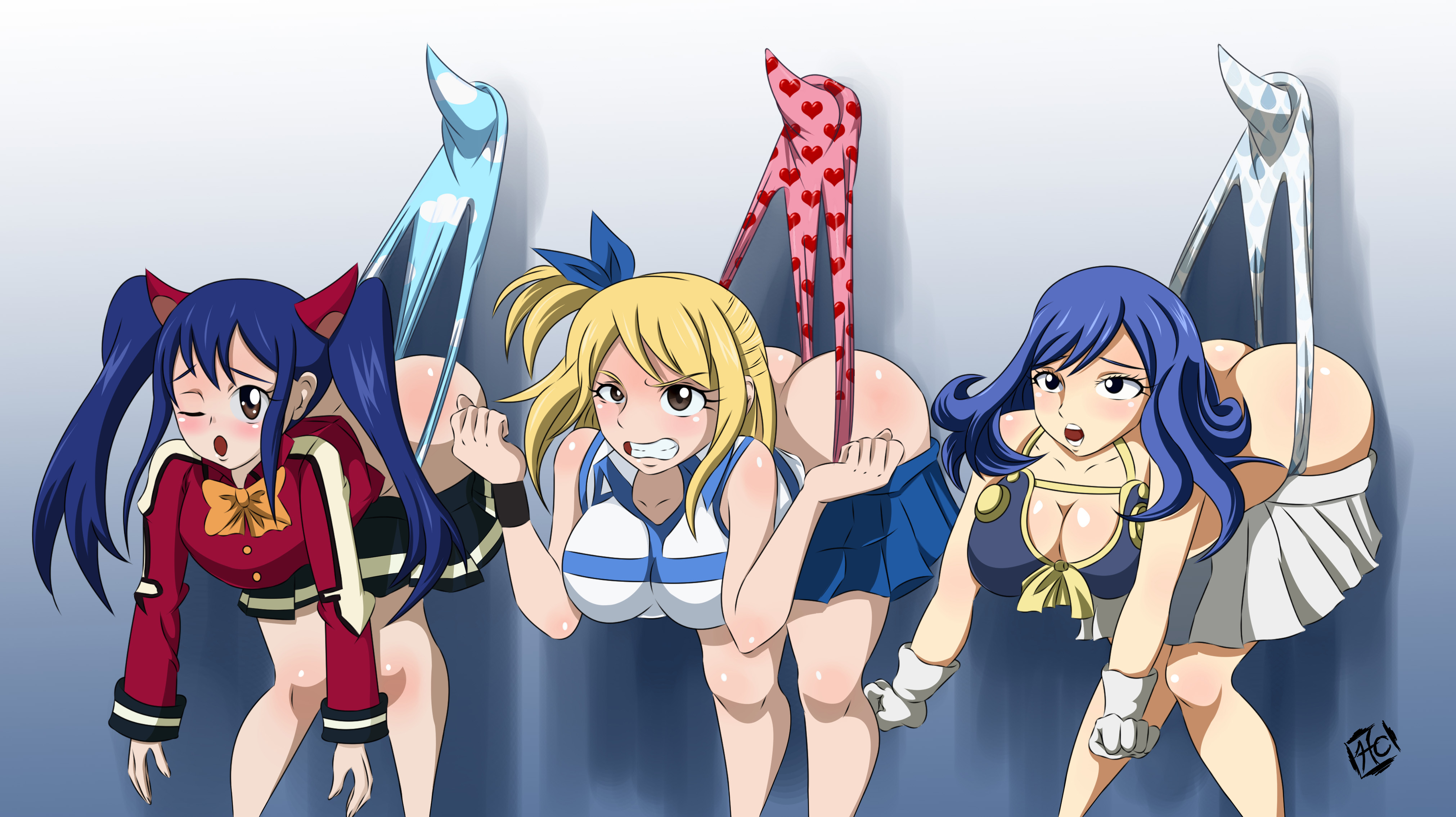 3girls, ass, blonde hair, blonde-haired female, blue eyes, blue hair, blue panties, blue-haired female, blush, bra, breasts, brown eyes, bubble ass, bubble butt, busty, clothed, clothing, fairy tail, female, female only, fully clothed, gino (artist), gloves, gritted teeth, humiliation, juvia lockser, legs, lifting, light skin, light-skinned female, long hair, lucy heartfilia, moan, moaning, multiple females, multiple girls, one eye closed, open mouth, pale skin, pale-skinned female, panties, pink panties, ponytail, school uniform, schoolgirl, skirt, sleeveless shirt, striped panties, tied hair, triple wedgie, voluptuous, wavy hair, wedgie, wendy marvell, white panties