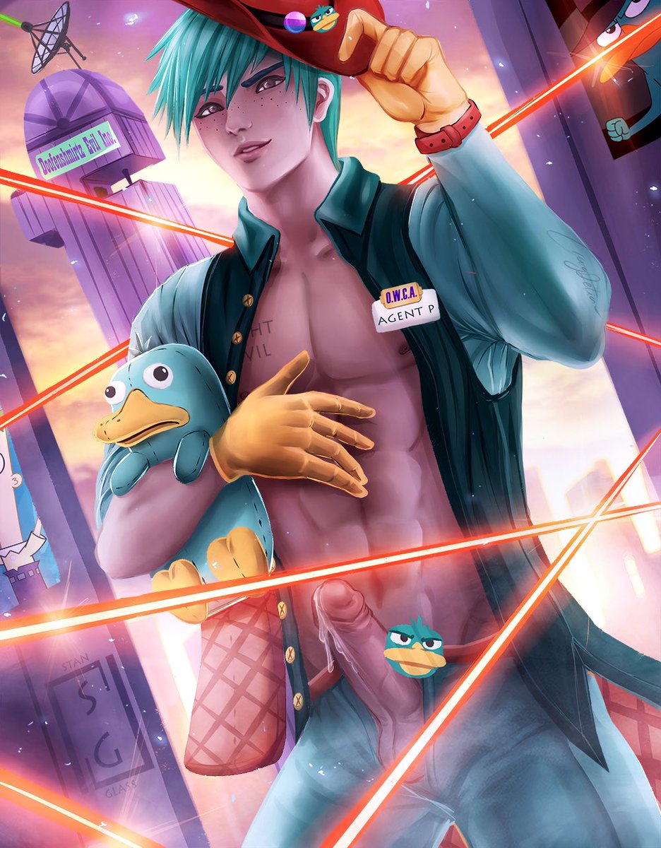 1boy balls dripping_precum erection humanized laser male_only name_tag partially_clothed penis perry_the_platypus phineas_and_ferb precum stanglassart_(artist)