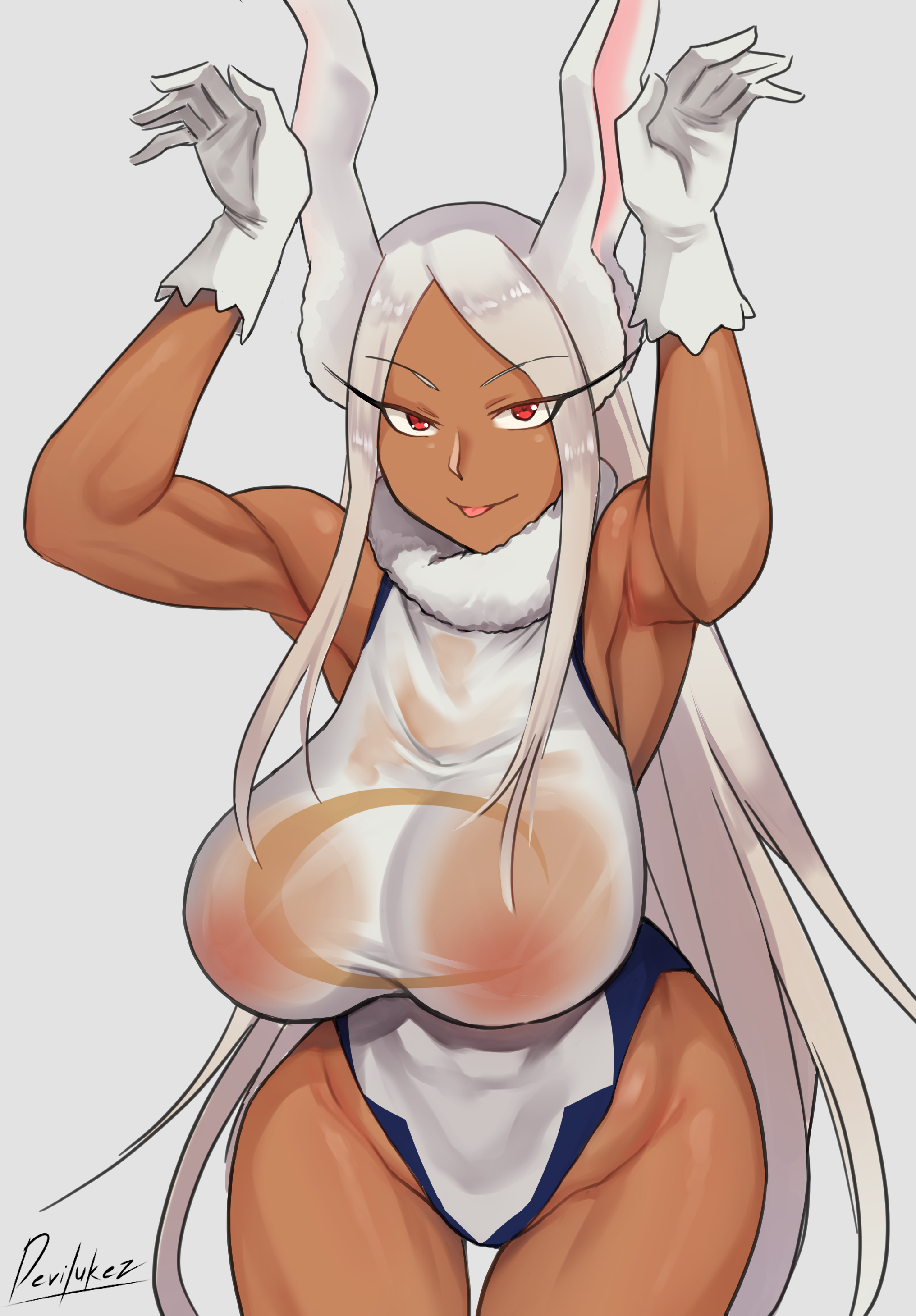 1girls, areolae, big breasts, breasts, bunny ears, dark skin, dark-skinned female, devilukez, female, female human, female only, hero outfit (mha), huge breasts, human, kemonomimi, large breasts, long hair, miruko, muscular, muscular female, my hero academia, rumi usagiyama, solo, solo female, superhero costume, superheroine, wet clothes, white hair, white-haired female
