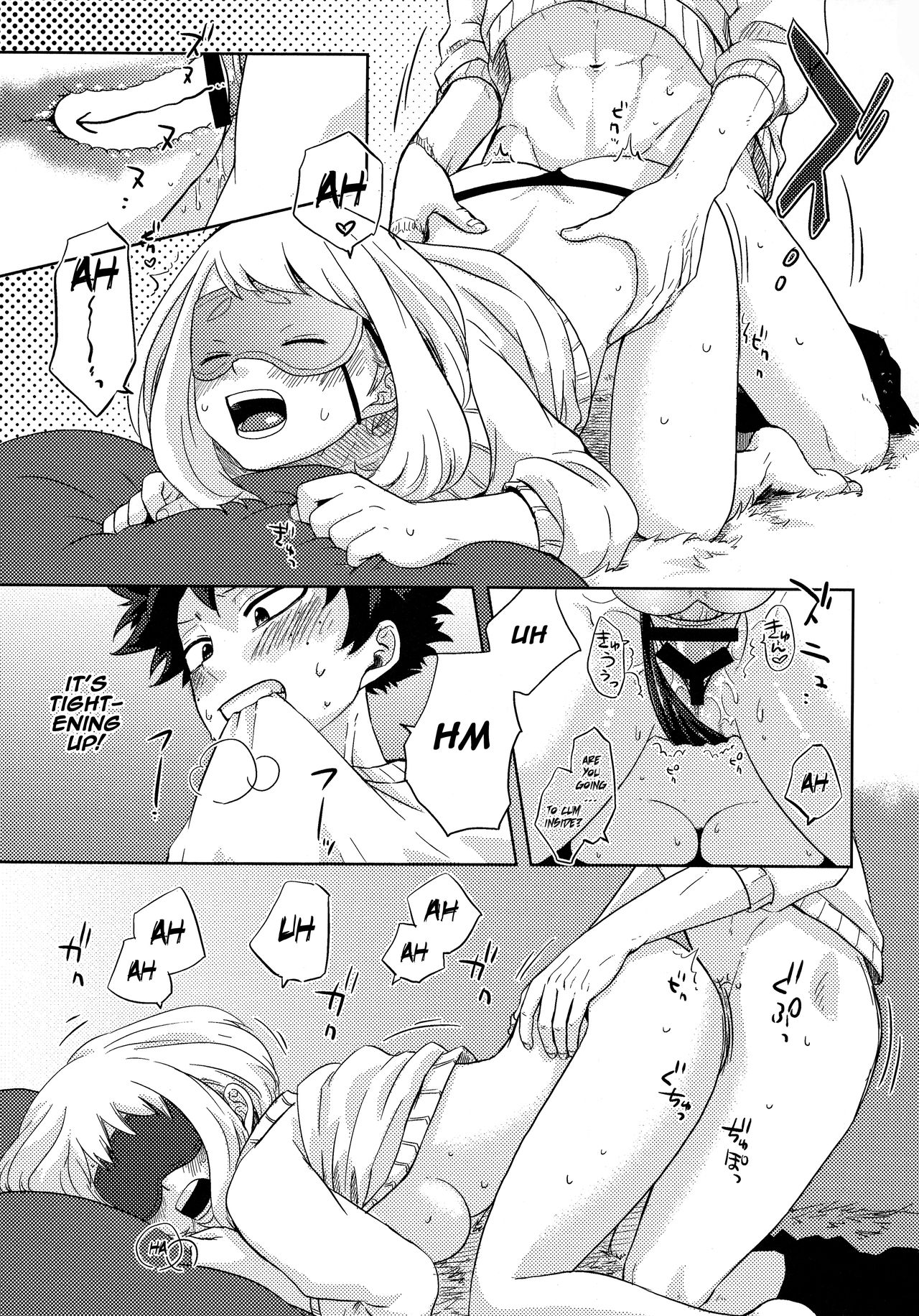 1boy, 1girls, black and white, buthikireta, comic, cute, female, izuku midoriya, male, my hero academia, ochako uraraka, sex, tagme
