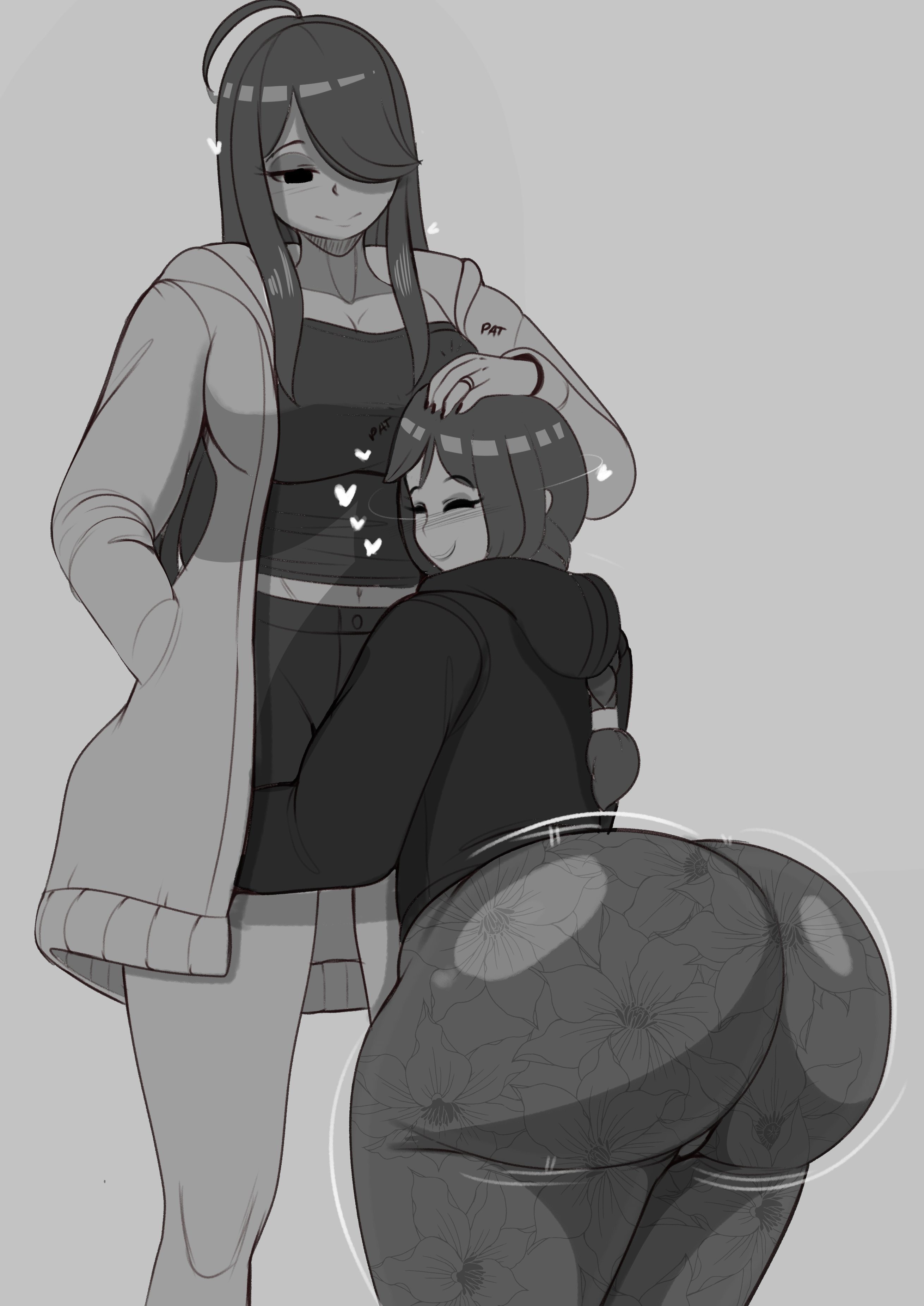 1boy, 1girls, ass, big ass, braided ponytail, breasts, cleavage, female, femboy, fladdy, fladdykin, flow (fladdykin), happy, hoodie, hug, huge ass, jiggle, jiggling ass, male, massive ass, massive butt, monochrome, shorter male, taller female, wholesome, wide hips