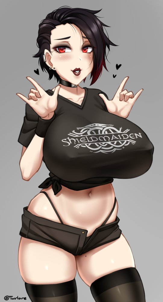 1girls, big breasts, breasts, cleavage, female, female only, goth, huge breasts, large breasts, skindentation, solo, thick thighs, thighhighs, twrlare, wide hips