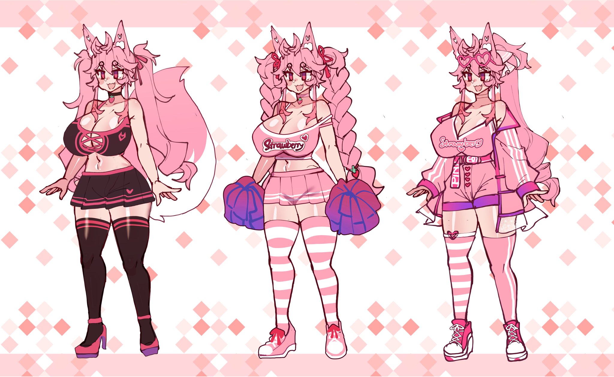 big breasts, braided hair, breasts, character sheet, cheerleader, cleavage, curvy, female, fox, fox ears, fox girl, fox tail, huge breasts, kireina pinky fox, original, osiimi, pink eyes, pink fur, pink hair, pinky fox (osiimi), ponytail, thick thighs, thighhighs, twin braids, twintails, virtual youtuber