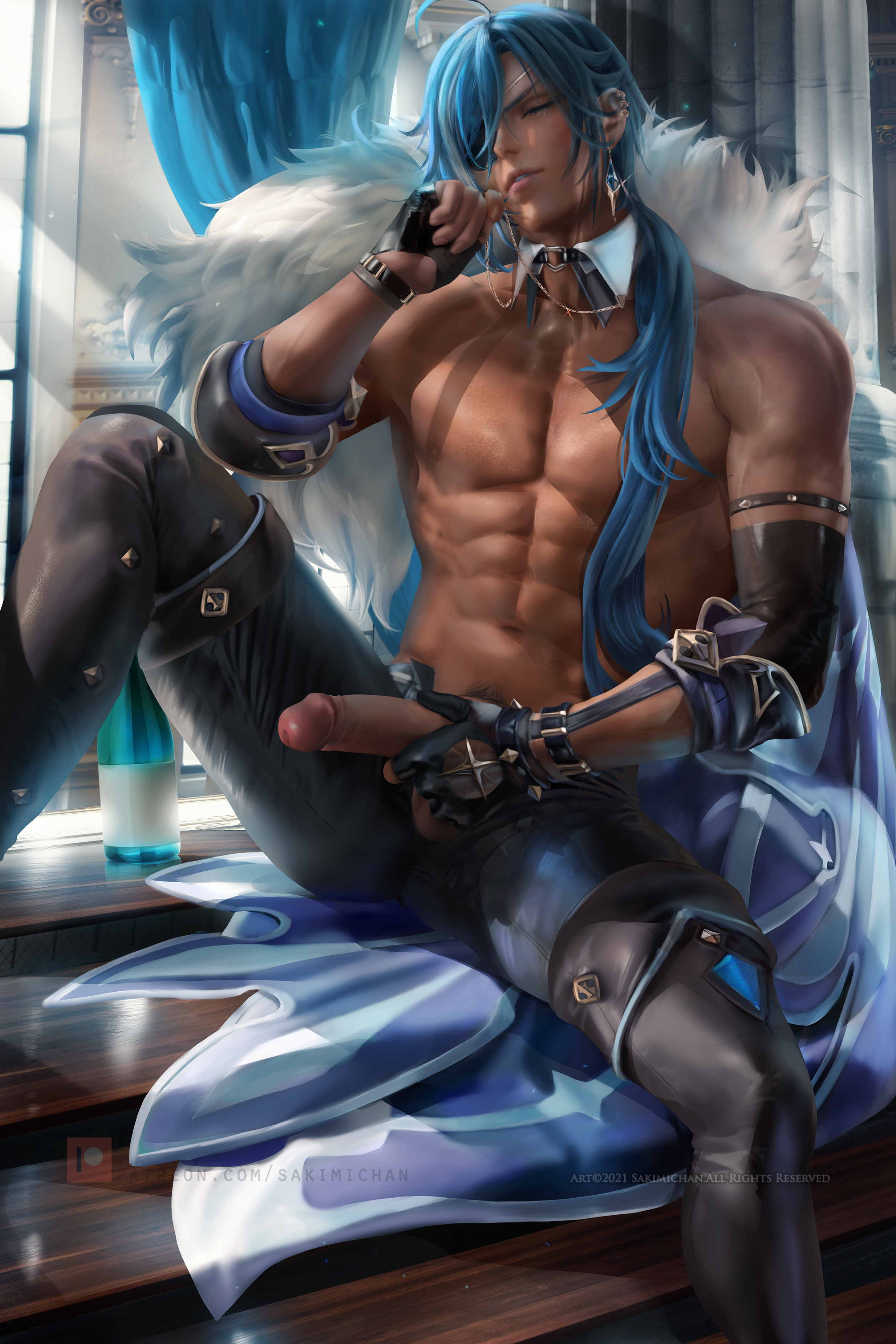 blue hair, genshin impact, kaeya (genshin impact), male, male only, nude, penis, penis out, sakimichan