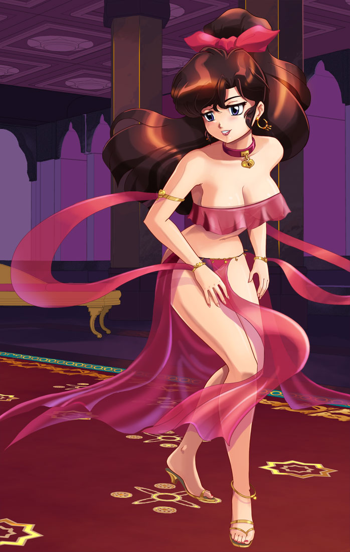 1girls andronicusvii arabian_clothes armband belly_dancer big_hair blue_eyes brown_hair curvy dancer dancer_outfit dancing earrings female gold_heels hairbow happy_sub harem_outfit high_heels large_breasts loincloth long_hair open_toe_shoes ranma_1/2 ribbon ribbon_dancing ribbons see-through see-through_clothing slave slave_collar submissive submissive_female transparent_clothing ukyo_kuonji voluptuous