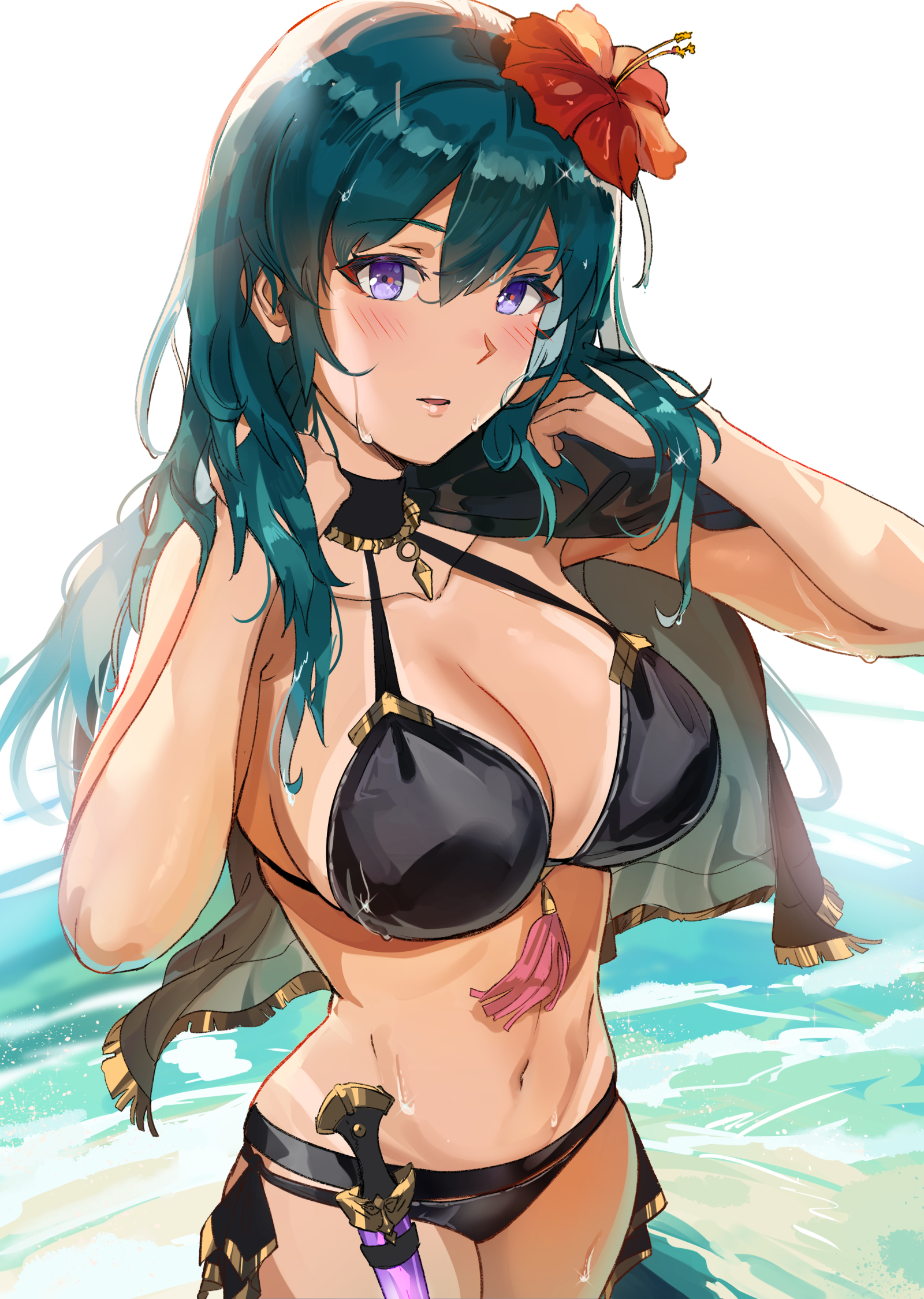 1girls, bangs, belt, bikini, black bikini, black capelet, blue hair, blush, breasts, byleth (fire emblem), byleth (fire emblem) (female), capelet, cleavage, collarbone, dagger, female, female only, fire emblem, fire emblem heroes, fire emblem: three houses, flower, flower in hair, hair between eyes, hair flower, hair ornament, highres, large breasts, long hair, looking at viewer, navel, nintendo, ormille, parted lips, purple eyes, red flower, solo, swimsuit, tanline, teal hair, thighs, wading, weapon, wet