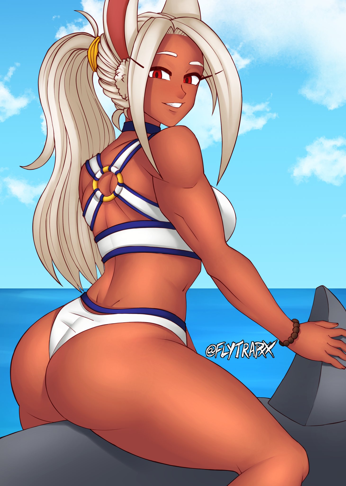 1girls, ass, big ass, bikini, dark skin, dark-skinned female, female, female only, flytrapxx, miruko, my hero academia, red eyes, rumi usagiyama, solo, solo female, thong bikini, white hair