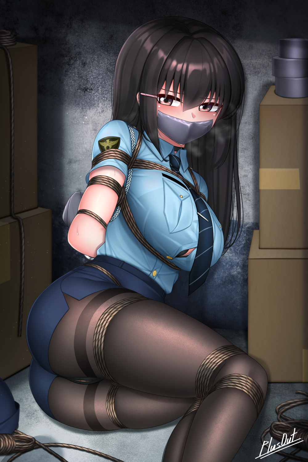 1girls, big breasts, black hair, bondage, bound, breasts, captured, defeated, female, female only, femsub, gag, helpless, imminent rape, kidnapped, leggings, mia (plusout), original character, plusout, police, police uniform, policewoman, rape, restrained, rope, rope bondage, scared, shibari over clothes, tape, tape gag, tied up