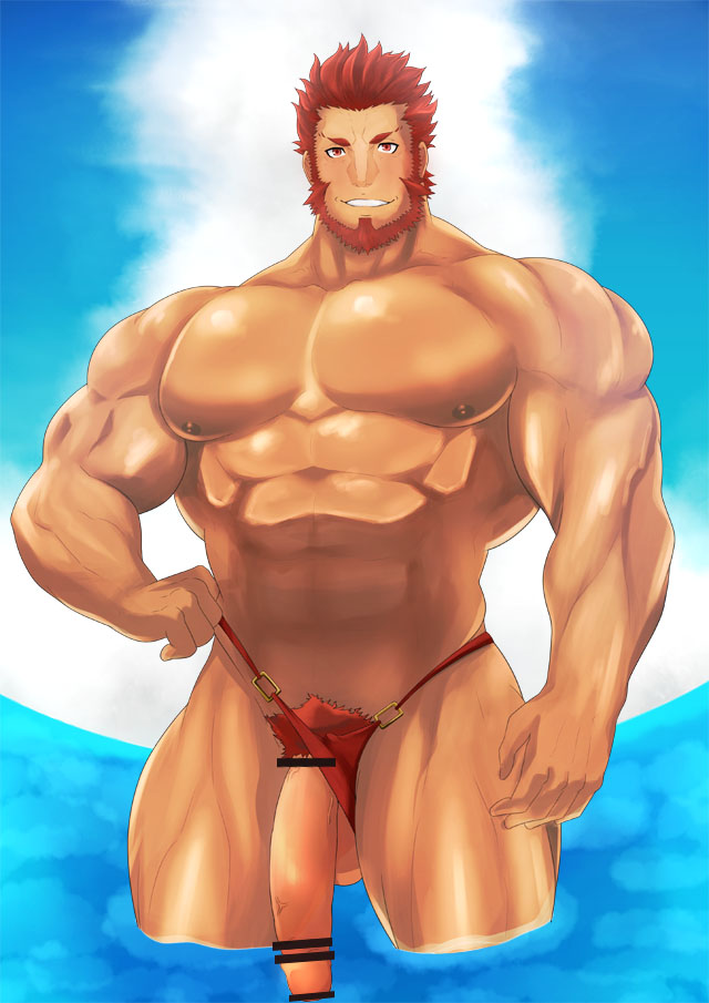 1boy abs bar_censor bara beard chest facial_hair fate/grand_order fate/zero fate_(series) flaccid iskandar_(fate) large_penis looking_at_viewer male male_focus male_only male_pubic_hair male_swimwear mikura0317 muscle nipples pectorals penis pubic_hair red_eyes red_hair short_hair smile solo swim_briefs swimwear thick_thighs thighs water