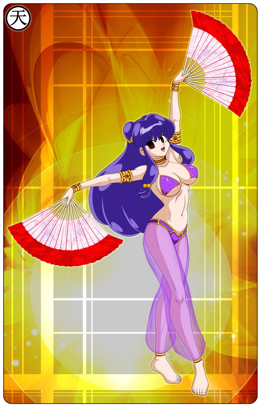 1girls armband belly belly_dancer belly_dancer_outfit blue_hair bracelet brown_eyes clothing dancer dancer_outfit dancing fan_dance female harem_girl harem_outfit harem_pants large_breasts long_hair mind_control navel netspike paper_fan ranma_1/2 shampoo_(ranma_1/2) slave_collar small_breasts