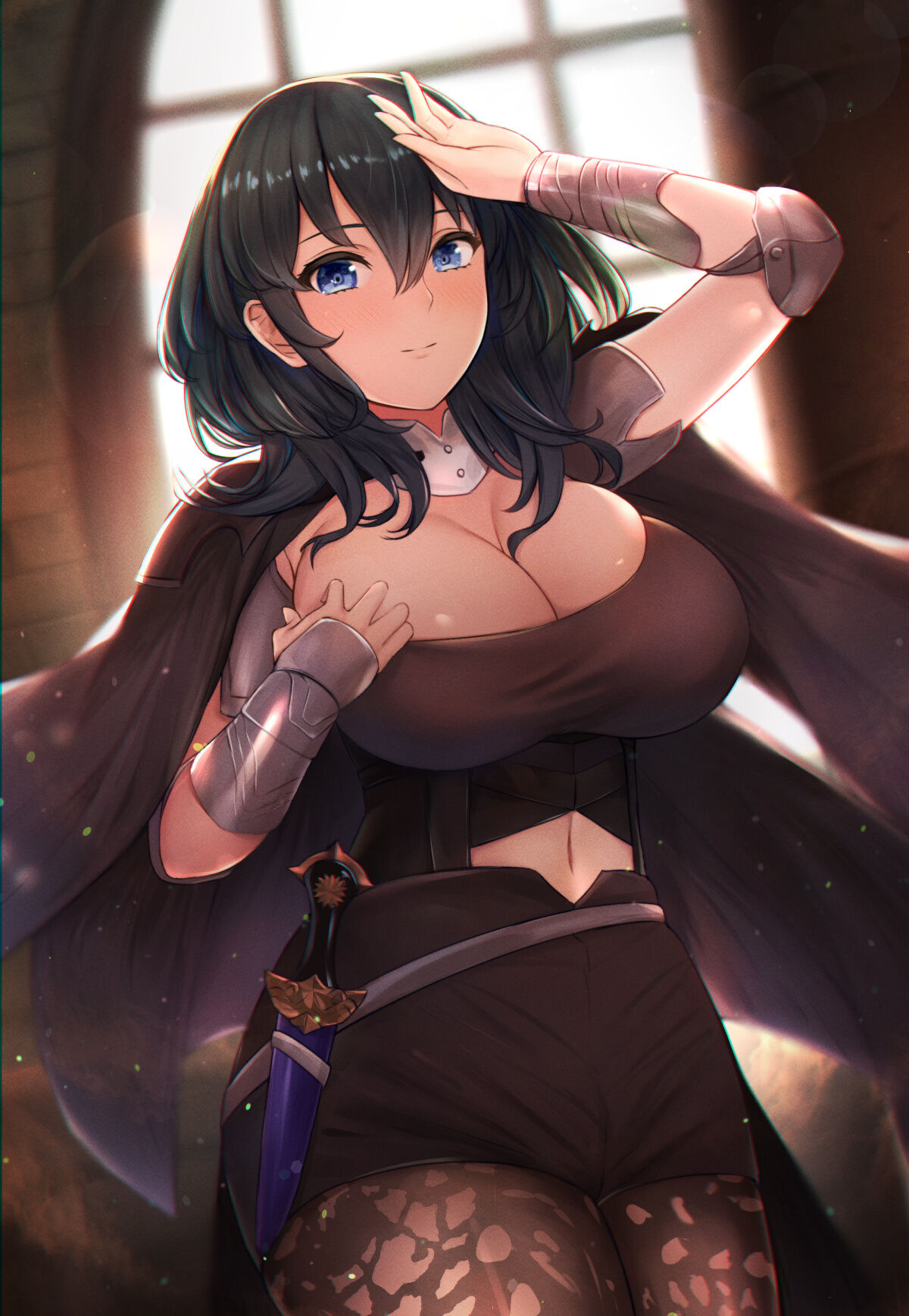 1girls, arm guards, armor, bangs, black cape, black shorts, blue eyes, blue hair, blush, breasts, byleth (fire emblem), byleth (fire emblem) (female), cape, cleavage, clothed female, cowboy shot, elbow pads, eyebrows visible through hair, female, female focus, female only, fire emblem, fire emblem: three houses, fou zi, hair ornament, hand up, highres, huge breasts, indoors, lace, large breasts, legwear, light particles, long hair, looking at viewer, navel, navel cutout, nintendo, paintcan, pantyhose, revision, sheath, sheathed, short hair, shorts, sidelocks, skindentation, smile, solo, teal hair