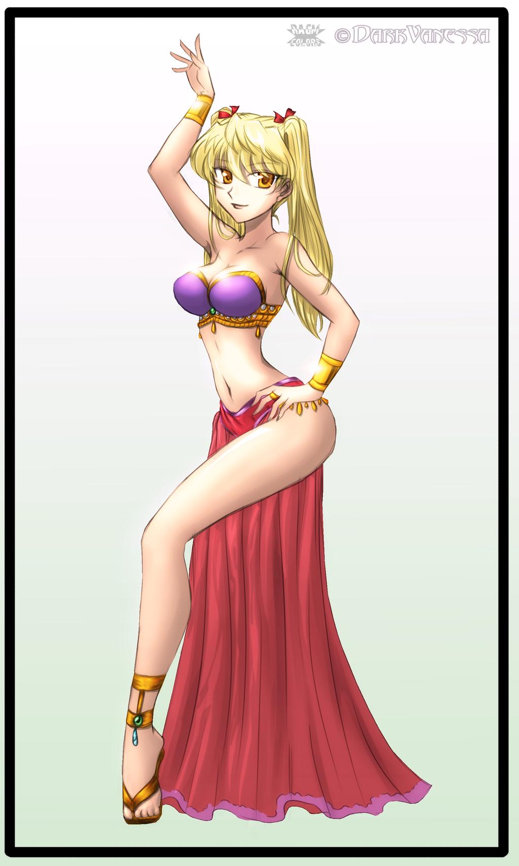 1girls amber_eyes bare_shoulders belly belly_dancer belly_dancer_outfit blonde_hair bracelet cleavage curvy dancer dancer_outfit dancing darkvanessa darkvanessalust female female_only harem_girl harem_outfit large_breasts long_legs looking_at_viewer midriff navel sarong sawachika_eri school_rumble solo strapless strapless_bra twintails voluptuous