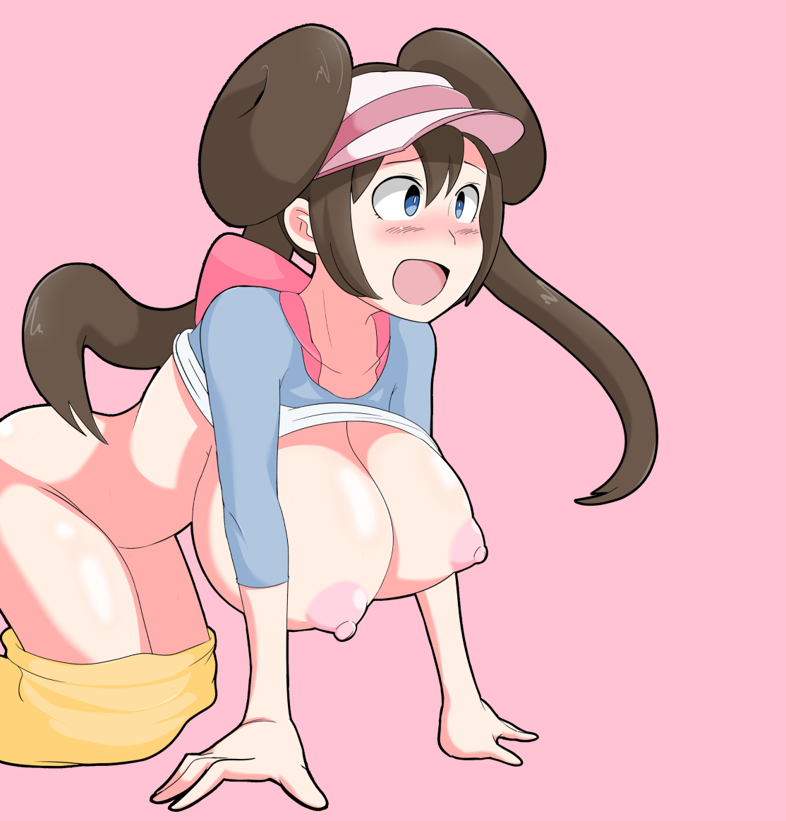 1girls, areolae, big breasts, blue eyes, blush, bottomless, breasts, brown hair, double bun, female, huge breasts, implied penetration, kukanugi, large breasts, light skin, light-skinned female, long hair, nintendo, nipples, no panties, pale skin, pale-skinned female, pokemon, pokemon bw2, rosa (pokemon), shirt lift, skirt down, surprised, thighs, twintails
