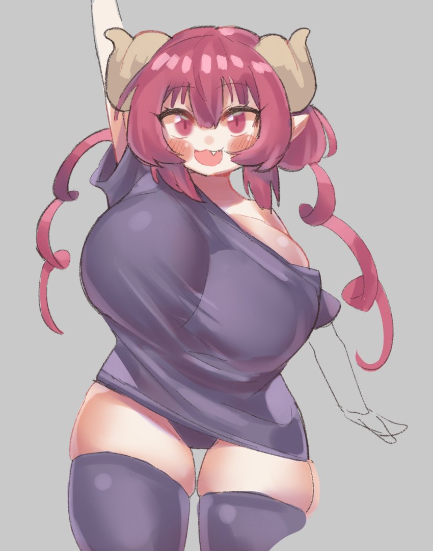 1girls :3 anthro bangs big_breasts big_eyes blush breasts cat_eyes cropped_legs curled_horns cute cute_fang dragon_girl dragon_horns female grey_background horns huge_breasts huge_thighs humanoid ilulu_(dragon_maid) large_breasts long_hair loose_clothes loose_shirt matching_hair/eyes miss_kobayashi's_dragon_maid neoteny no_pants off_shoulder pale-skinned_female pale_skin pincerpencil red_eyes red_hair short_sleeves skindentation slit_eyes small_but_busty solo standing thick_thighs thigh_gap thighhighs twintails unfinished violet_hair waving wide_hips