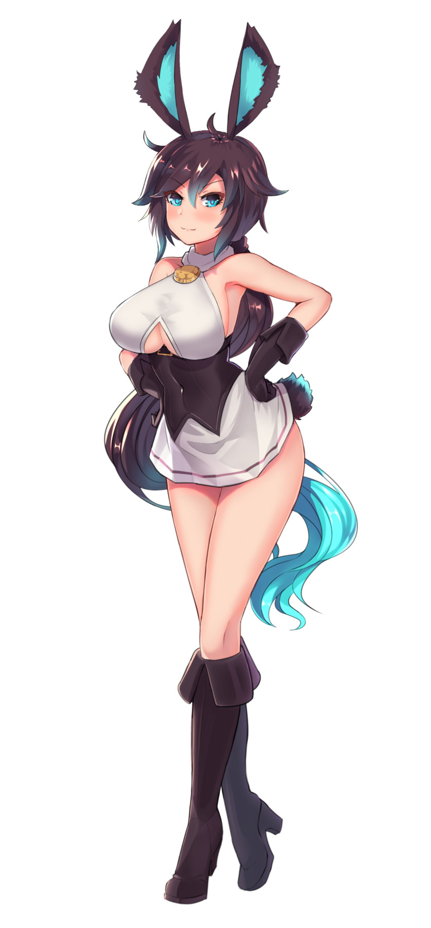 1girls blue_eyes blue_hair boots breasts bunny_and_fox_world cheeks_broadchester cleavage cleavage_cutout clothed dress ehrrr female female_only large_breasts looking_at_viewer minidress skirt smile solo