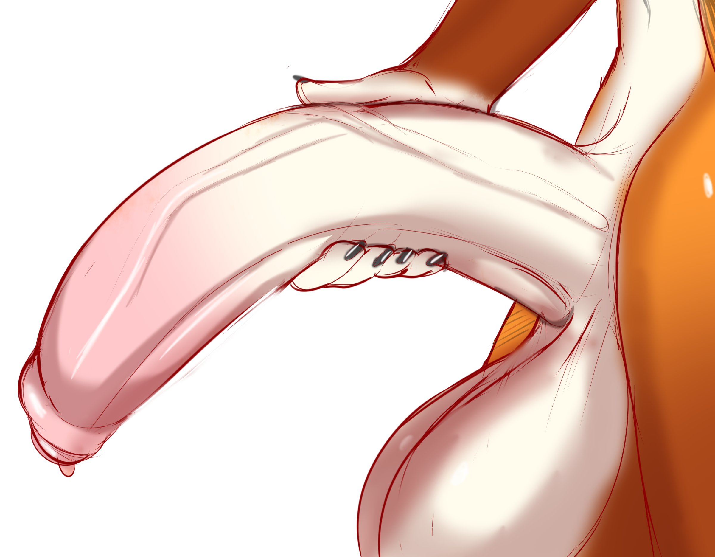 1boy, anthro, balls, ballsack, big balls, big penis, black fingernails, brown markings, canine, erection, femboy, fingernails, foreskin, fox, furry, grabbing penis, humanoid penis, male, male only, marilyn (quotefox), orange fur, partial male, partially retracted foreskin, penis, penis focus, penis grab, precum, precum drip, quotefox, retracted foreskin, scrotum, solo, testicles, uncircumcised, uncut, veiny penis, white background, white countershading