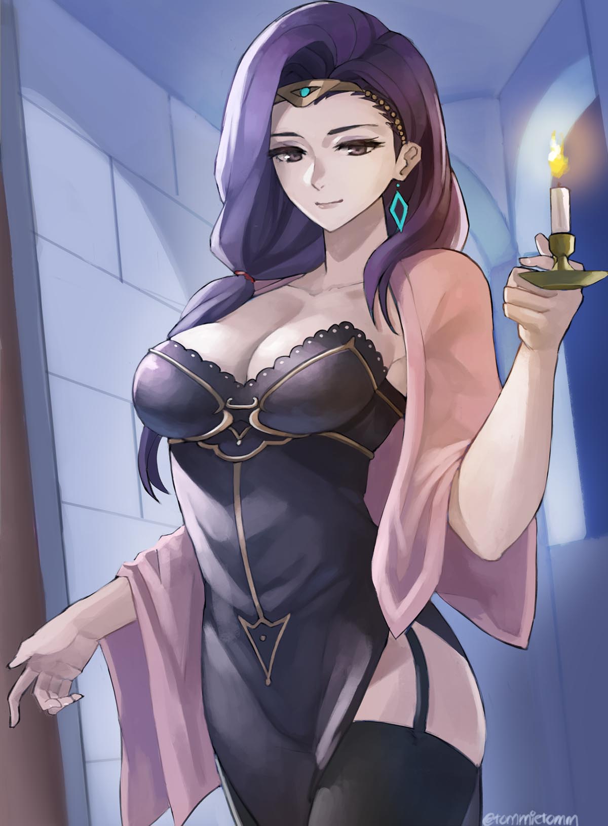 1girls, big breasts, breasts, candle, cleavage, earrings, female, female only, fire emblem, fire emblem echoes: shadows of valentia, fire emblem gaiden, garter belt, garter straps, human, human only, looking at viewer, lowres, night, purple eyes, purple hair, seductive, seductive eyes, seductive look, seductive smile, smile, smiling, smiling at viewer, solo, solo female, sonya (fire emblem), tommy (kingdukeee)
