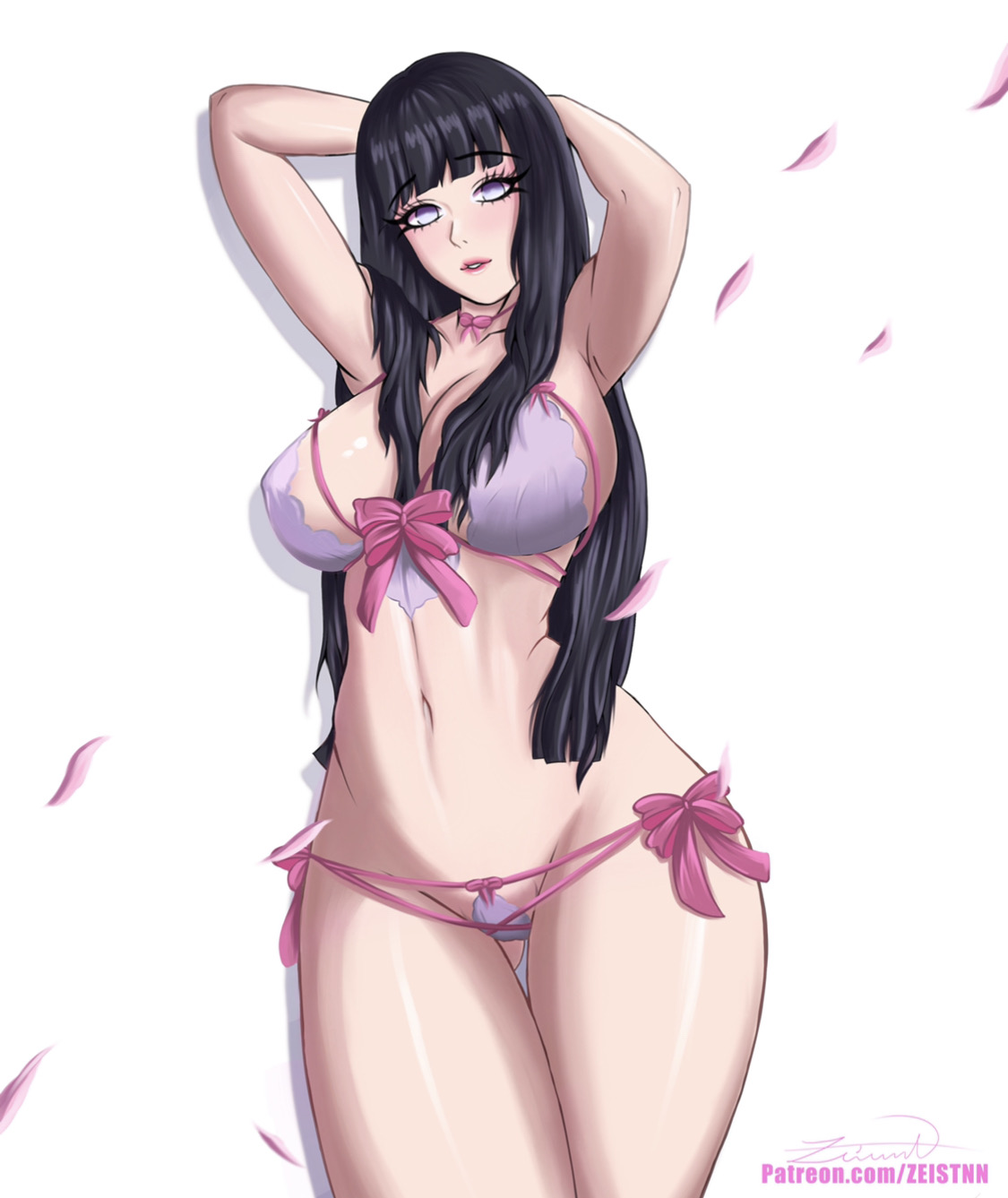 1girls, arms behind head, big breasts, bikini, breasts, cherry blossoms, eyebrows visible through hair, eyelashes, female, female only, hyuuga hinata, long hair, looking at viewer, naruto, naruto (series), naruto: the last, posing, purple hair, simple background, solo, violet eyes, white background, wide hips, zeistnn