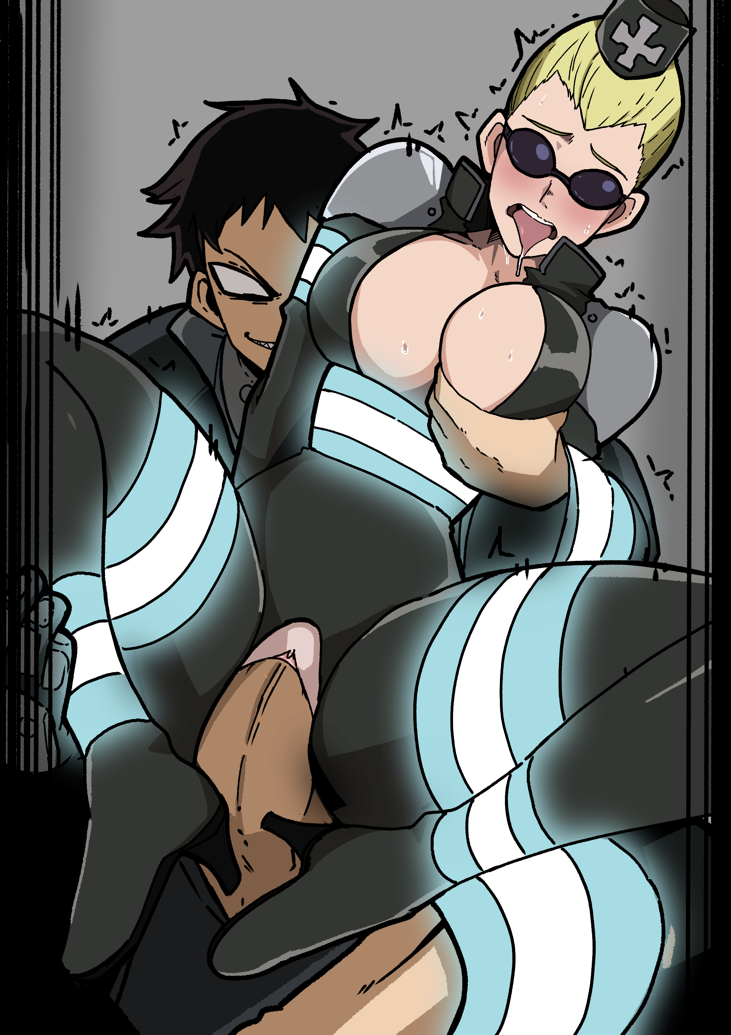 1boy, 1girls, 5th angels three, big breasts, black glasses, black hair, blonde hair, blush, breasts, enen no shouboutai, female, fire force, grabbing breast, kusakabe shinra, large breasts, long hair, male, mark gavatino, pussy, saliva drip, short hair, straight, tongue, tongue out, torn bodysuit, uniform, vaginal penetration, vaginal sex, wide hips