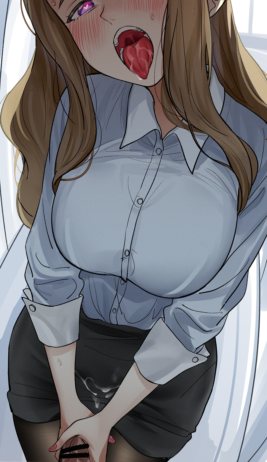 1boy 1boy1girl 1girls bar_censor big_breasts black_legwear black_skirt blush breasts brown_hair business_suit censored clothed clothed_female clothed_female_nude_male clothed_sex collared_shirt cowboy_shot cum cum_in_clothes cum_in_hands cum_in_skirt cum_on_clothes cum_on_lower_body dress_shirt faceless_male female female_focus fingernails fully_clothed handjob handjob_in_skirt head_tilt heart heart-shaped_pupils highres idolmaster idolmaster_million_live! indoors large_breasts liu_chi_tiantang_fr long_hair looking_at_viewer male male_pov miyao_miya nail_polish office_lady open_mouth pantyhose pencil_skirt penis photo pink_nails pov purple_eyes saliva sex_in_skirt shade shirt shirt_tucked_in skirt skirt_lift skirt_suit sleeves_past_elbows solo_focus standing straight sweat symbol-shaped_pupils teeth tongue tongue_out two-handed_handjob uvula white_shirt