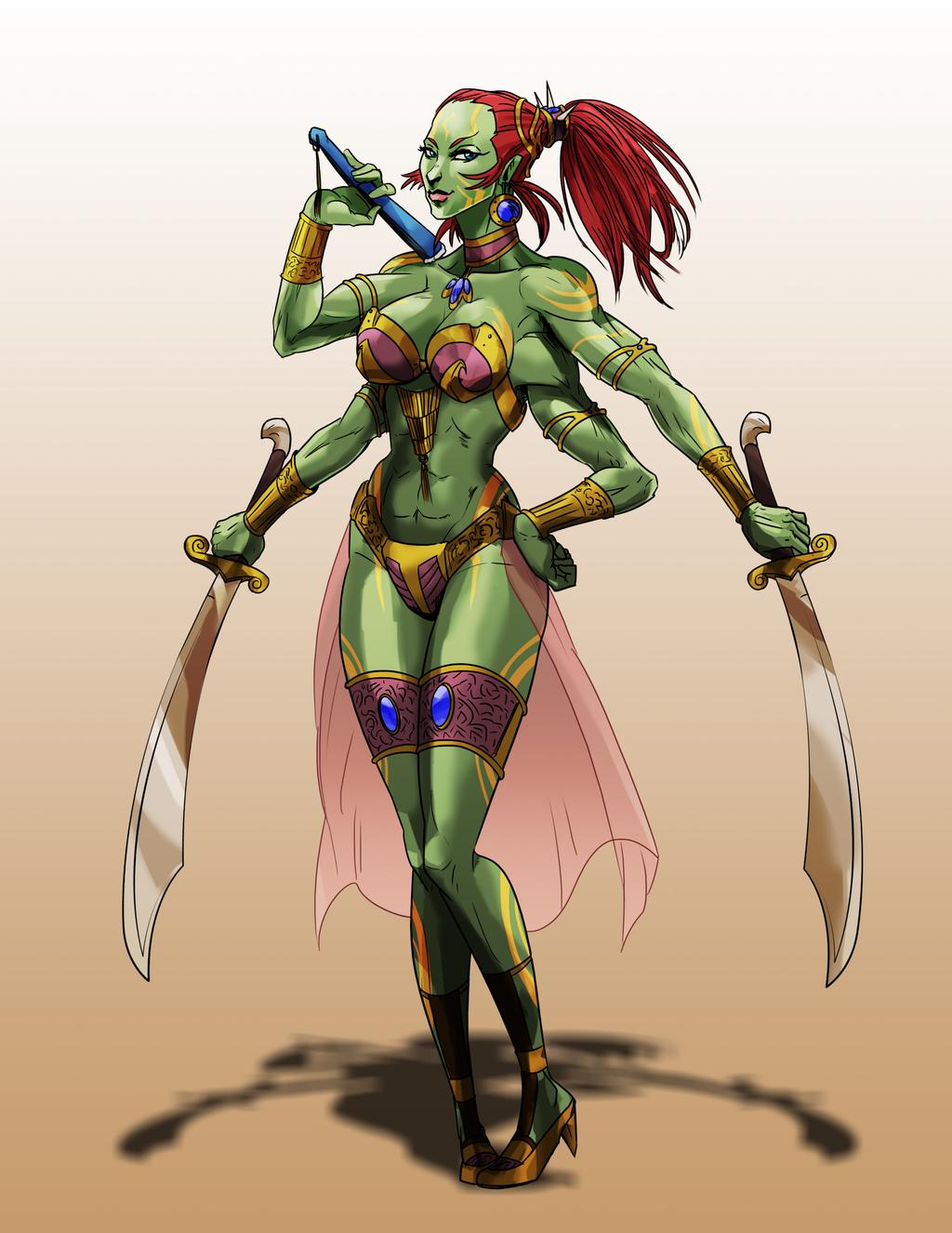 4_arms a_princess_of_mars abs alien belly_dancer belly_dancer_outfit blue_eyes bracelet cleavage dancer dancer_outfit earrings green_skin harem_girl harem_outfit john_carter_of_mars large_breasts legband multi_arm multi_limb muscular neckband original_character ponytail red_hair sword tattoo wadevezecha warrior