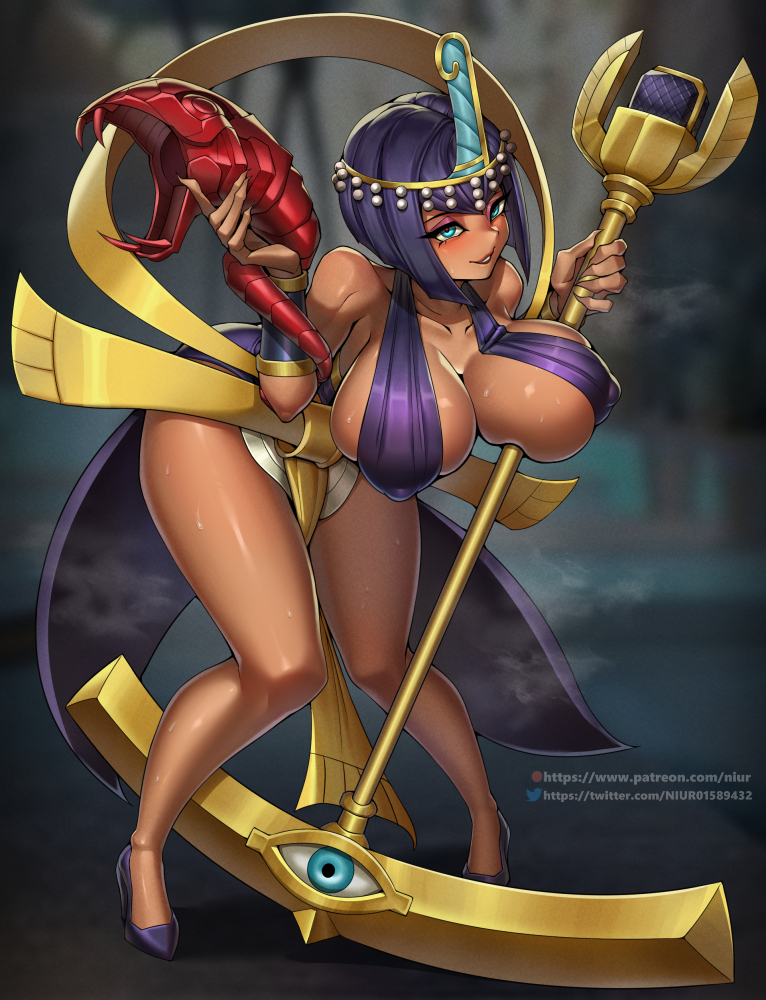 1girls, blue eyes, bob cut, breasts, cleavage, dark skin, dark-skinned female, egyptian, eliza (skullgirls), female, female only, high heels, huge breasts, looking at viewer, mascara, niur, skullgirls, solo, thick thighs, wide hips
