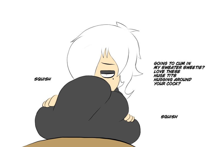 1boy, 1girls, alternate breast size, big breasts, breast squeeze, breast squish, breasts, clothed, clothed female, clothed sex, constricted pupils, dark skin, dark-skinned male, dialogue, english dialogue, english text, faceless male, female, female focus, huge breasts, human, human only, large breasts, looking at viewer, lwd cartoonz, male, male pov, original character, outercourse, paizuri, paizuri under clothes, pov, simple background, straight, sweater, teasing, text, turtleneck, turtleneck sweater, unknown (lwd cartoonz), white background, white hair