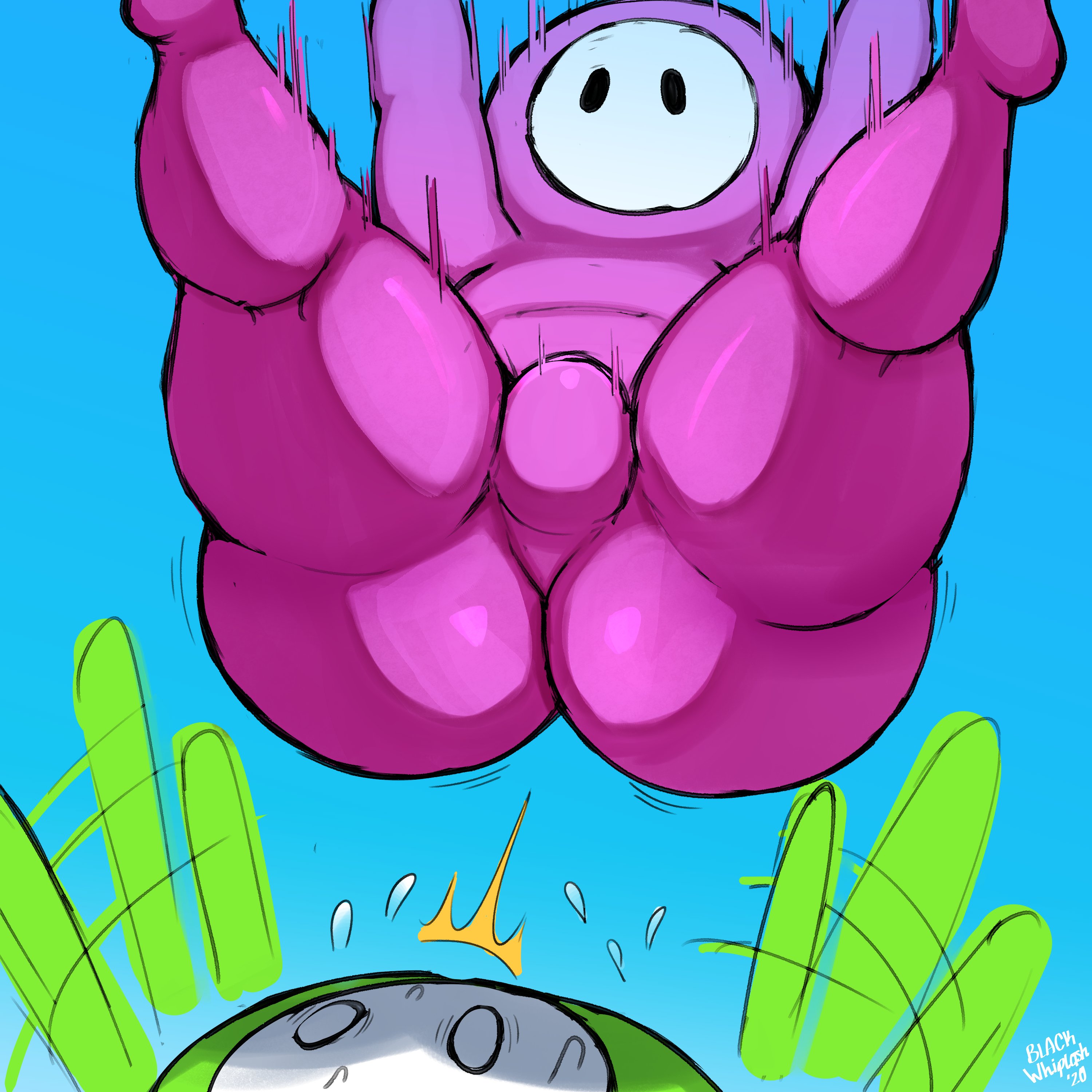 1femboy, 2boys, ass, big ass, big ass (male), blackwhiplash, bubble ass, bubble butt, bulge, character request, drop, fall, fall guys, falling, femboy, feminine male, flustered, green skin, imminent facesitting, male, male only, massive ass, penis, penis bulge, pink skin, simple background, sky, sweat, sweatdrop, tagme, teapot (body type), thick ass, thick thighs