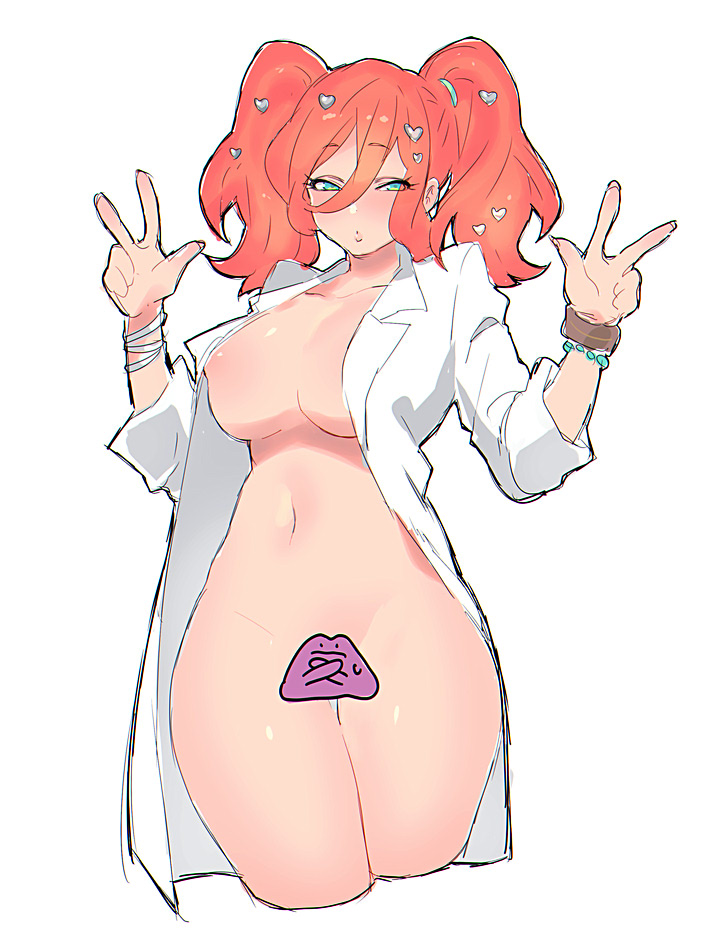 1girls alternate_hairstyle areolae big_breasts curvy_figure female labcoat nintendo ooshio7734 orange_hair pale-skinned_female pale_skin pokemon pokemon_professor pokemon_ss sonia_(pokemon) thick_thighs thighs twintails white_background