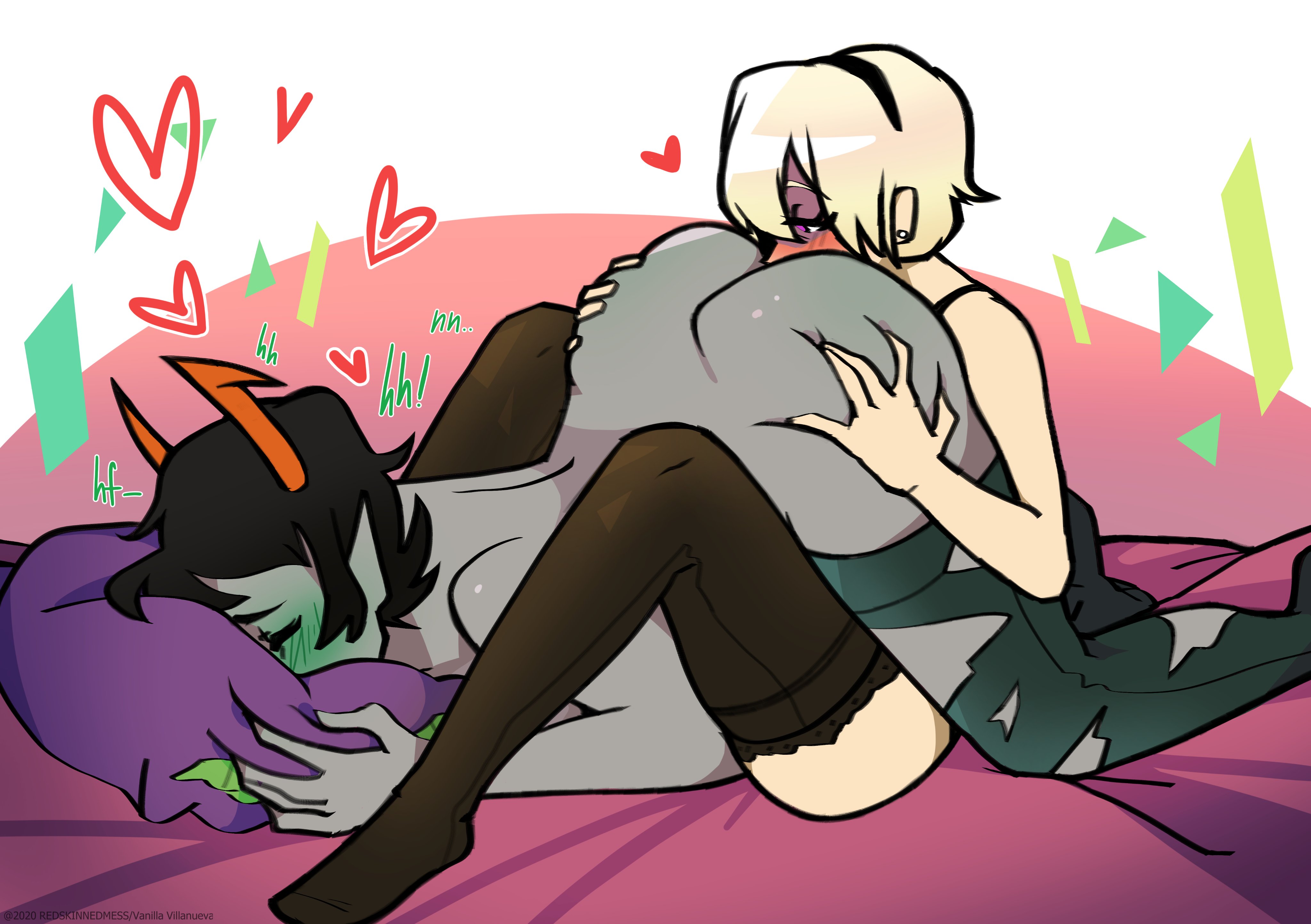 2020, 2girls, ass, ass grab, ass up, bed sheet, black hair, blonde hair, blush, canon couple, closed eyes, ear piercing, female, grey skin, hairband, heart, homestuck, horns, kanaya maryam, lingerie, married, married couple, ms paint adventures, multiple females, multiple girls, nude, oral, pillow, pink eyes, pointy ears, redskinnedmess, rimming, rose lalonde, short hair, text, thighhighs, torn clothes, troll, white skin, wife and wife, yuri