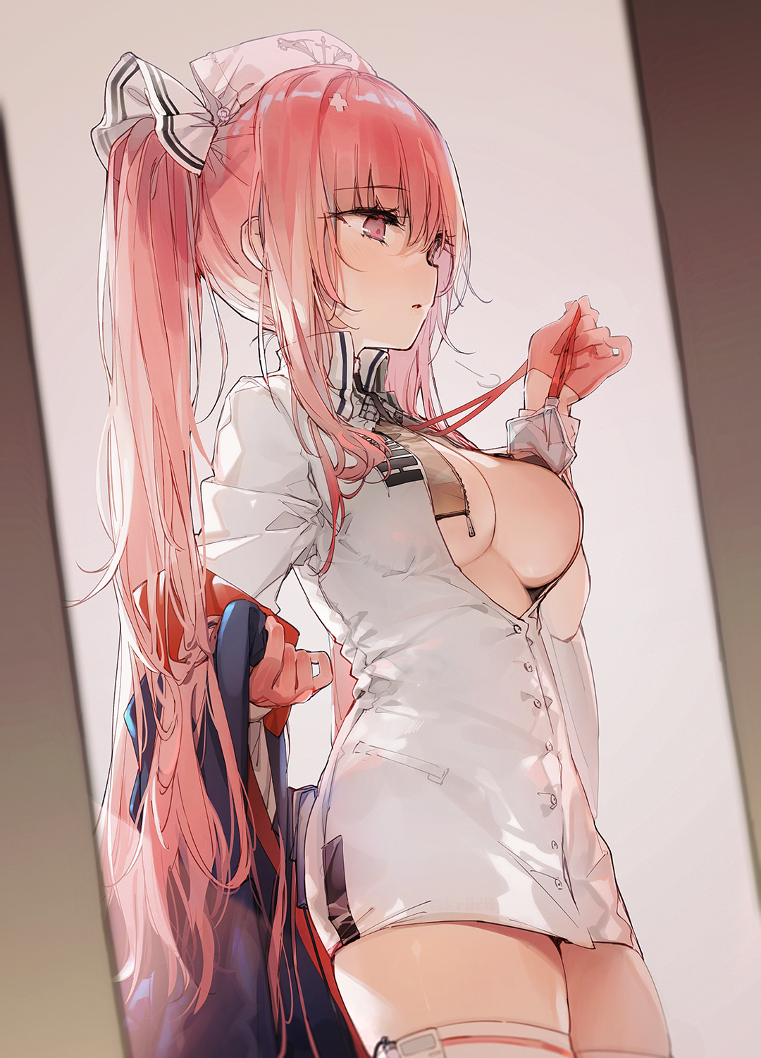 azur lane, bangs, blush, breasts, buttons, cleavage, cowboy shot, female, gloves, hair ornament, hair ribbon, half gloves, hat, high collar, high resolution, id card, long hair, medium breasts, nurse, nurse cap, open clothes, open shirt, parted lips, perseus (azur lane), perseus (nursery service time) (azur lane), pink eyes, pink gloves, pink hair, ribbon, shirt, solo, tagme, thighhighs, thighs, tied hair, twintails, unbuttoned, unzipped, white headwear, white legwear, white shirt, yatsuha (hachiyoh), zettai ryouiki