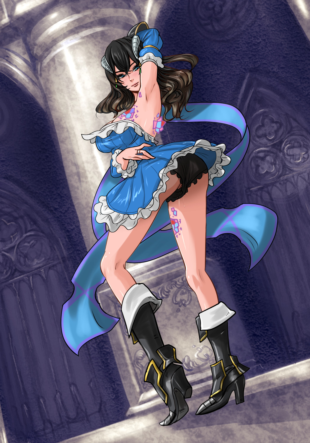 1girls, armpits, arms up, ass, back, big breasts, black hair, black panties, black underwear, bloodstained: ritual of the night, blue eyes, boots, breasts, cameltoe, cleavage, detached sleeves, dress, eyelashes, eyeliner, female, female only, frills, full body, gloves, hair between eyes, hair ornament, heels, hi res, high heels, horn, lingerie, lipstick, long gloves, long hair, looking at viewer, makeup, miriam (bloodstained), panties, pussy, pussy juice, ring, short dress, skirt, solo, tattoo