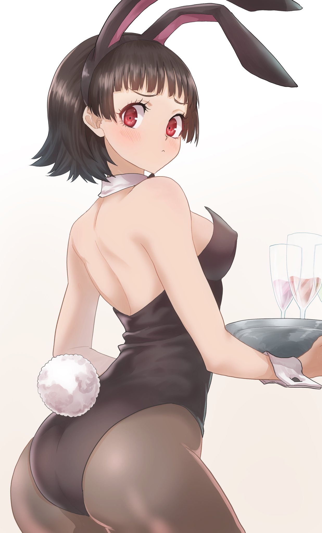 atlus, big breasts, breasts, brown hair, bunny ears, bunny girl, bunnysuit, clothed female, female, female focus, female only, kurosususu, makoto niijima, persona, persona 5, red eyes, sega, short hair, solo, solo female, solo focus