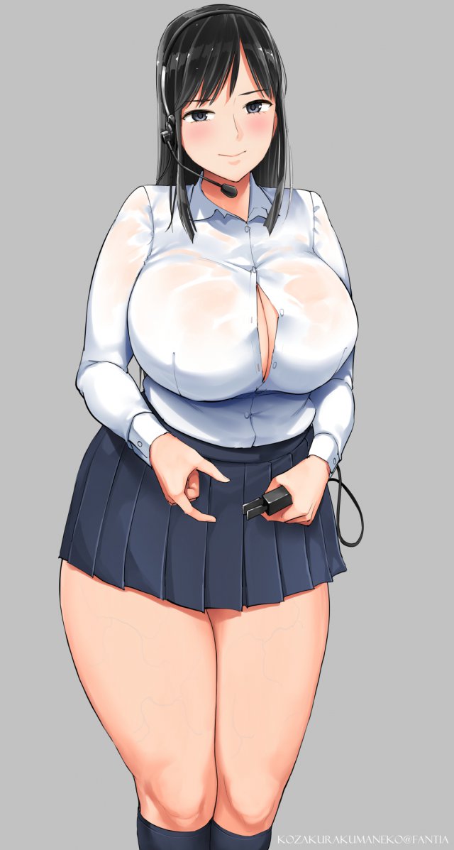 1girls, big breasts, black hair, blush, breasts, clothed, clothing, female, grey eyes, headphones, large breasts, male, microphone, penis, school uniform, simple background, small penis adoration, small penis gesture, smile, smiling, solo, solo female