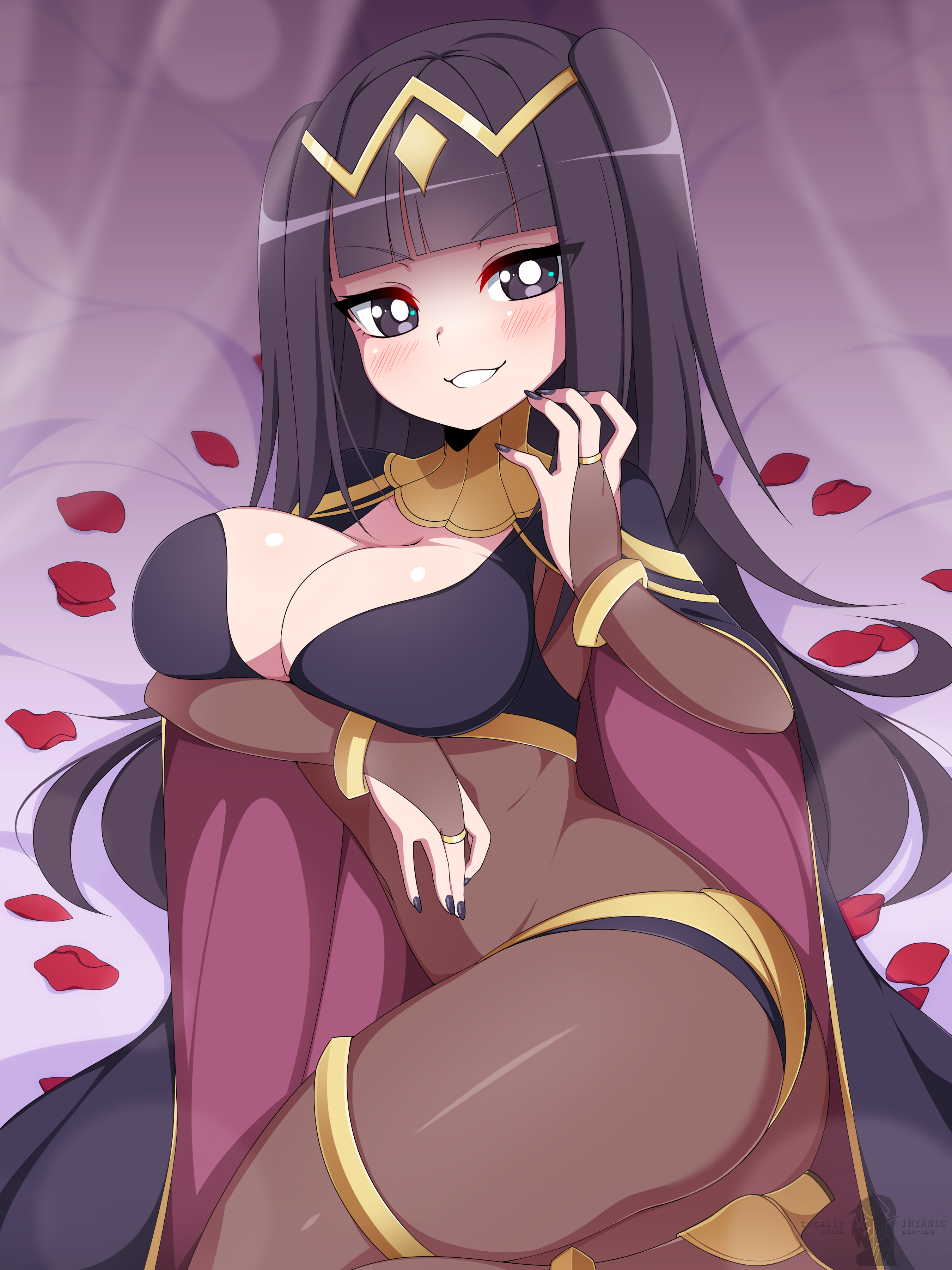 1girls, absurdres, arm under breasts, bangs, black eyes, black hair, black nails, blunt bangs, blush, bodystocking, bracelet, breasts, bridal gauntlets, bright pupils, cape, circlet, cleavage, female, fire emblem, fire emblem awakening, grin, highres, iryanic, jewelry, large breasts, long hair, nintendo, nipples, no panties, petals, puffy nipples, rose petals, smile, solo, tharja (fire emblem), two side up, white pupils