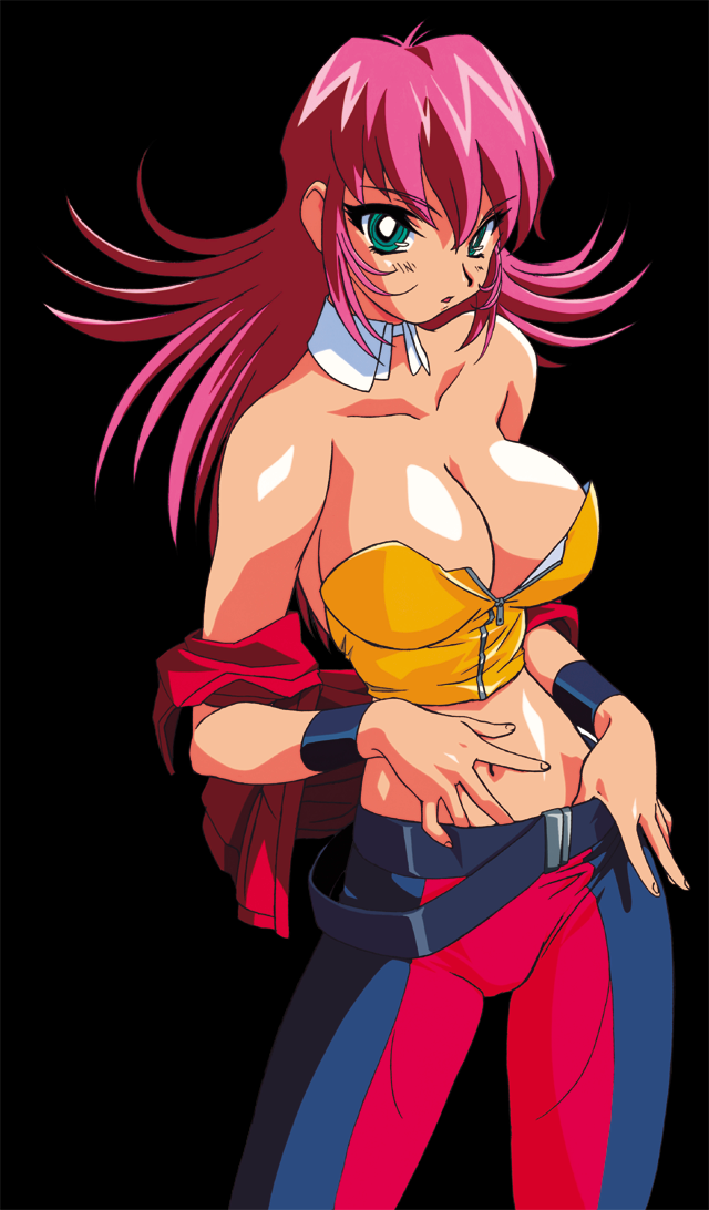 1girls 90s bare_shoulders belt black_background breasts cleavage clothed clothing collar detached_collar eyebrows_visible_through_hair female female_only green_eyes highres jacket kimura_takahiro large_breasts long_hair looking_at_viewer midriff navel official_art open_clothes open_jacket open_mouth pants pink_hair pose raika_grace simple_background sogna solo standing thick_thighs thighs tongue tubetop viper_(series) viper_f40 wristband