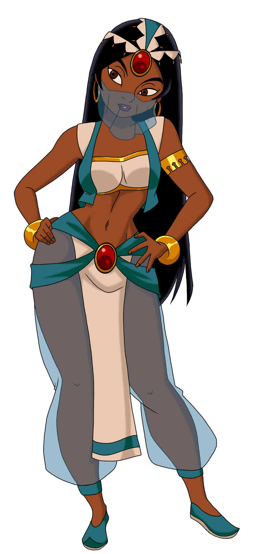 1001_nights 1girls arabian arabian_clothes arabian_female armband belly_dancer belly_dancer_outfit black_hair bracelet brown_eyes brown_skin dark-skinned_female deviantart egyptian_clothes female female_only fully_clothed glee-chan hands_on_hips harem_girl harem_outfit harem_pants jewelry loincloth middle_eastern middle_eastern_female one_thousand_and_one_nights shoes slave slave_outfit slavegirl solo transparent_background veil zumurrud