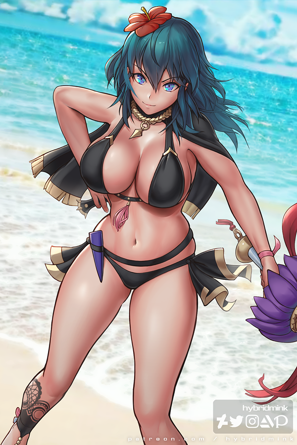 1girls artist_name beach bikini black_bikini black_swimsuit blue_eyes blue_hair breasts byleth_(fire_emblem) byleth_(fire_emblem)_(female) byleth_(summer)_(fire_emblem)_(female) cleavage cloud day female female_focus female_only fire_emblem fire_emblem:_three_houses fire_emblem_heroes flower flower_in_hair hair_flower hair_ornament holding hybridmink large_breasts nintendo outdoors red_flower sky smile solo solo_focus swimsuit teal_hair water watermark web_address