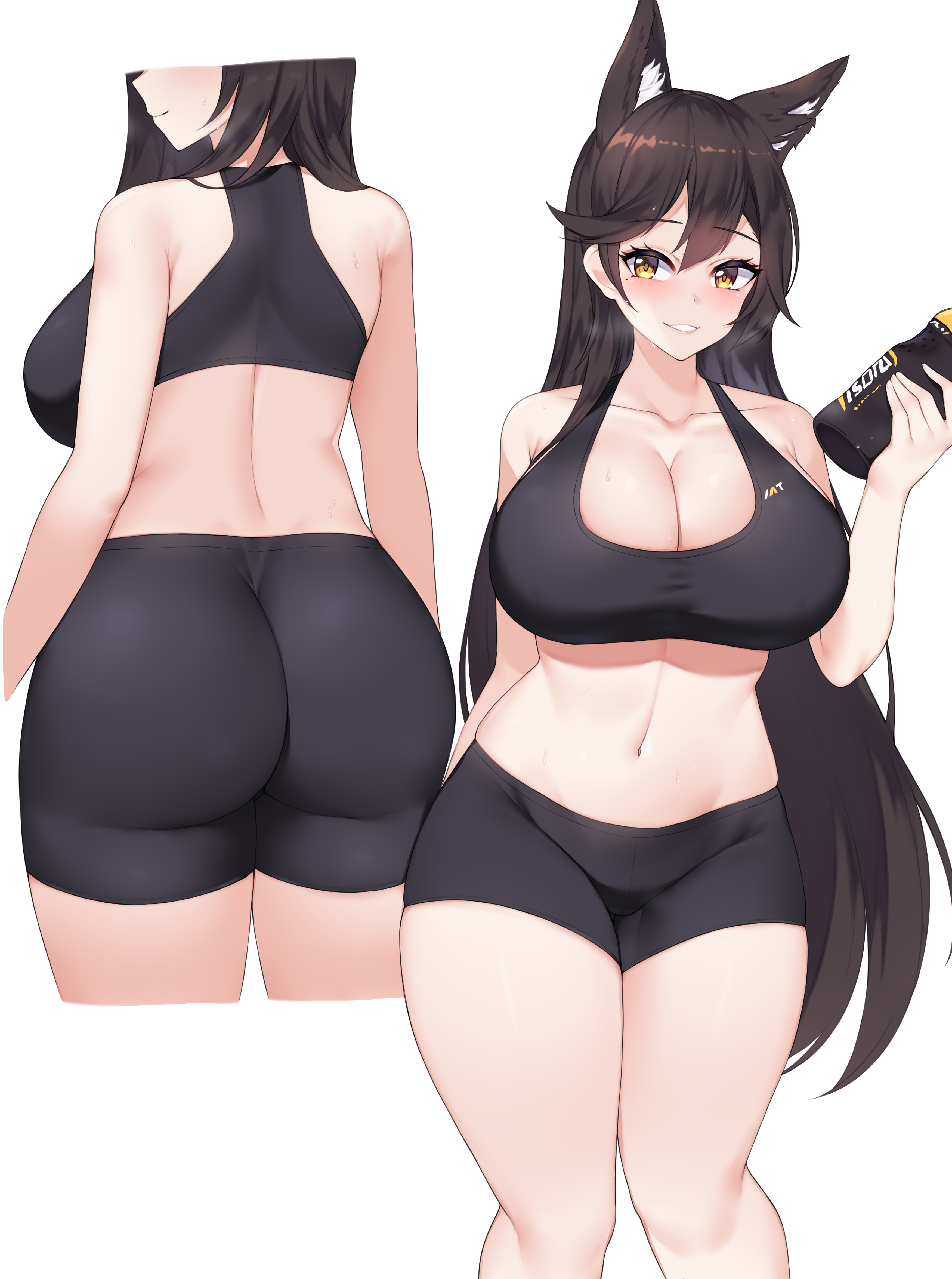 animal ears, ass, atago (azur lane), azur lane, back view, big breasts, black hair, breasts, cat ears, cleavage, energy drink, female, gym shorts, highres, kuavera, sports bra, yellow eyes