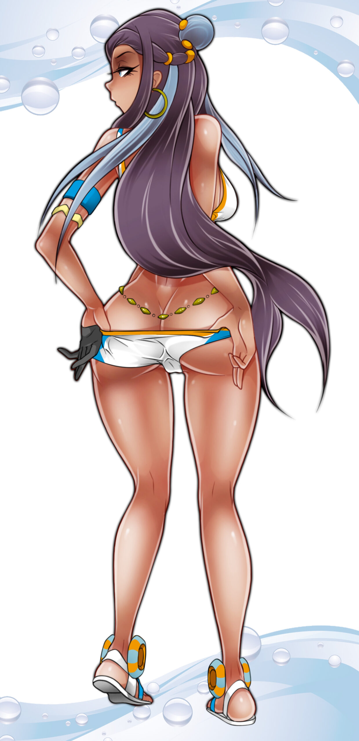 1girls, armlet, ass, black hair, bubble ass, bubble butt, cameltoe, dark skin, dark-skinned female, female, female only, game freak, green eyes, jago dibuja, long hair, nessa (pokemon), nintendo, pokemon, pokemon ss, pussy, rear view, sandals, swimsuit, undressing, voluptuous