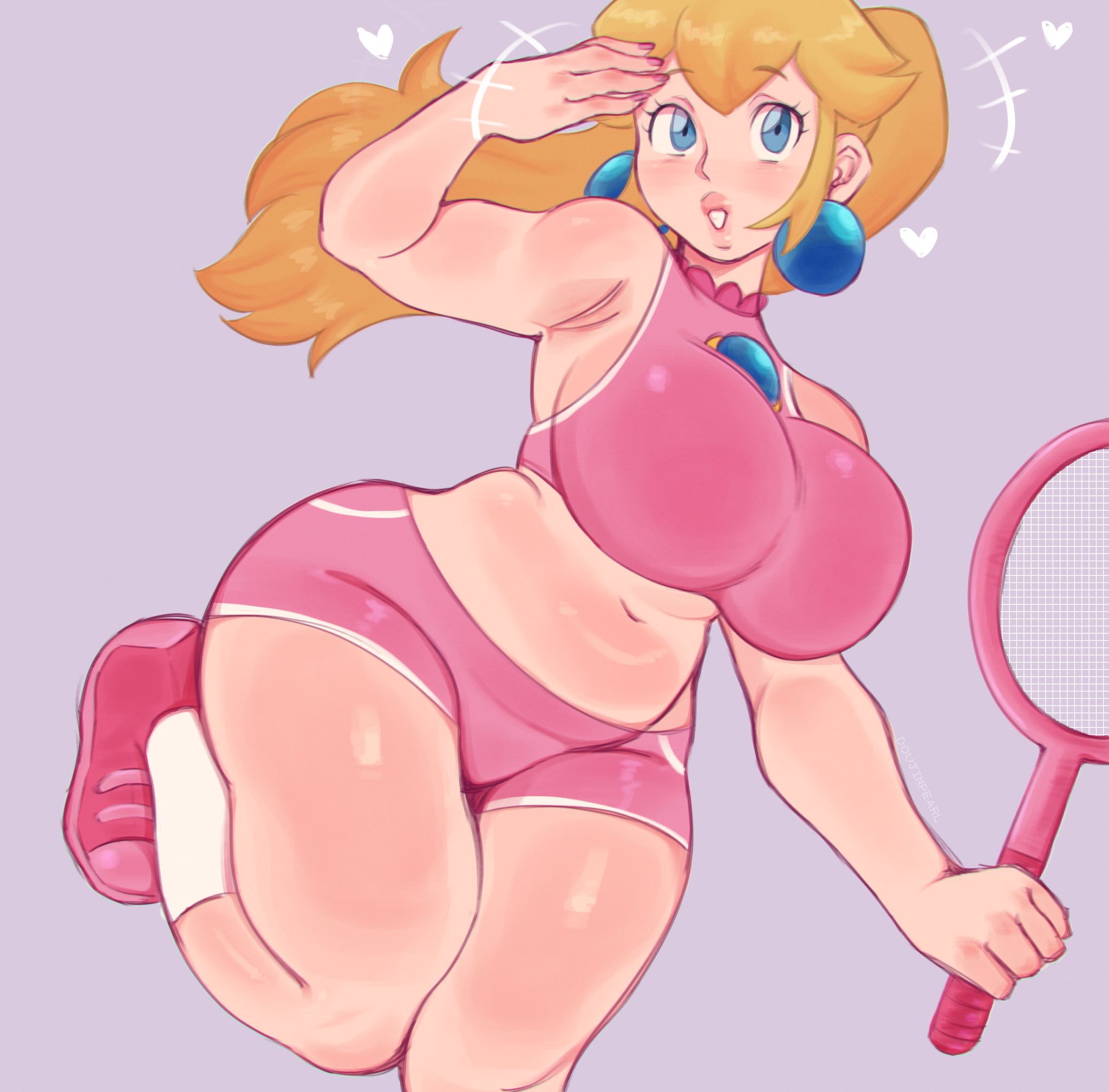 1girls, ass, athletic, athletic shorts, athletic uniform, athletic wear, bare shoulders, blonde hair, blue eyes, booty shorts, breasts, bubble ass, bubble butt, crop top, doujinpearl, earrings, female, female only, high ponytail, hips, holding object, huge breasts, light skin, light-skinned female, long hair, mario (series), mario tennis, midriff, navel, nintendo, ponytail, princess peach, short shorts, shorts, sleeveless, solo, sports bra, sports shorts, sports uniform, sportswear, tennis outfit, tennis racket, thick lips, thick thighs, thighs, tied hair, wide hips