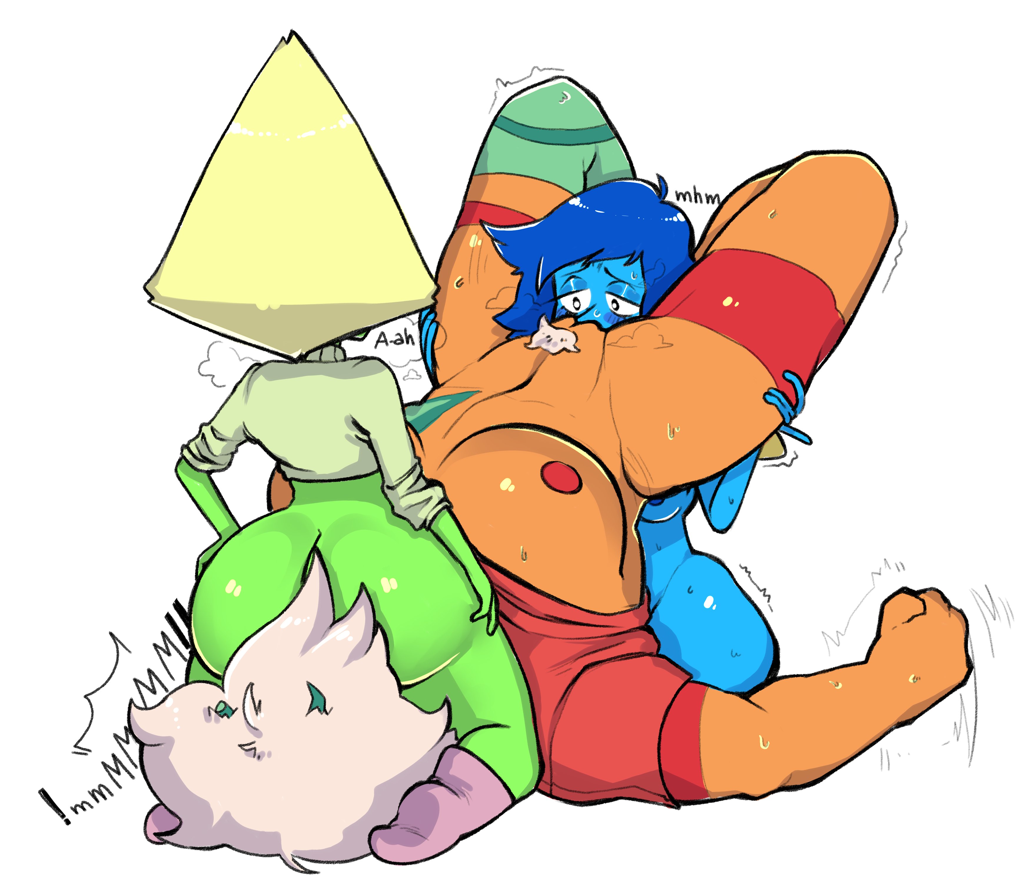 3girls, beige hair, blonde hair, blue hair, blue skin, breasts, cunnilingus, facesitting, female, female only, green skin, jasper (steven universe), lapis lazuli (steven universe), lifting, multiple females, multiple girls, muscular, muscular female, nipples, oral, orange skin, peridot (steven universe), pikolo82, platinum blonde hair, pubic hair, size difference, steven universe, tagme, threesome, yuri